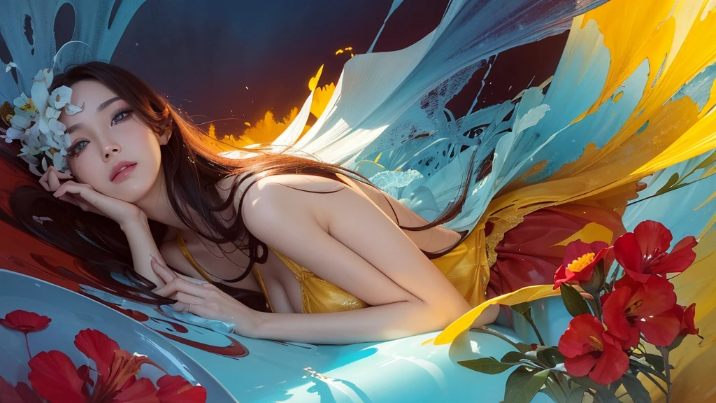 32k, Masterpiece, Highest quality, One girl, Detailed eyes, flower,gladiolus, Yellow and red style,A dreamy, romantic piece,Pale yellow, Mysterious Leaves,A playful arrangement,Fantasy,High Contrast,Ink strokes,explosion,Exposure, Impression of light blue and red tones,Abstract,((Watercolours by John Berkey and Jeremy Mann )) Brush strokes,Negative Space, Tyndall effect,