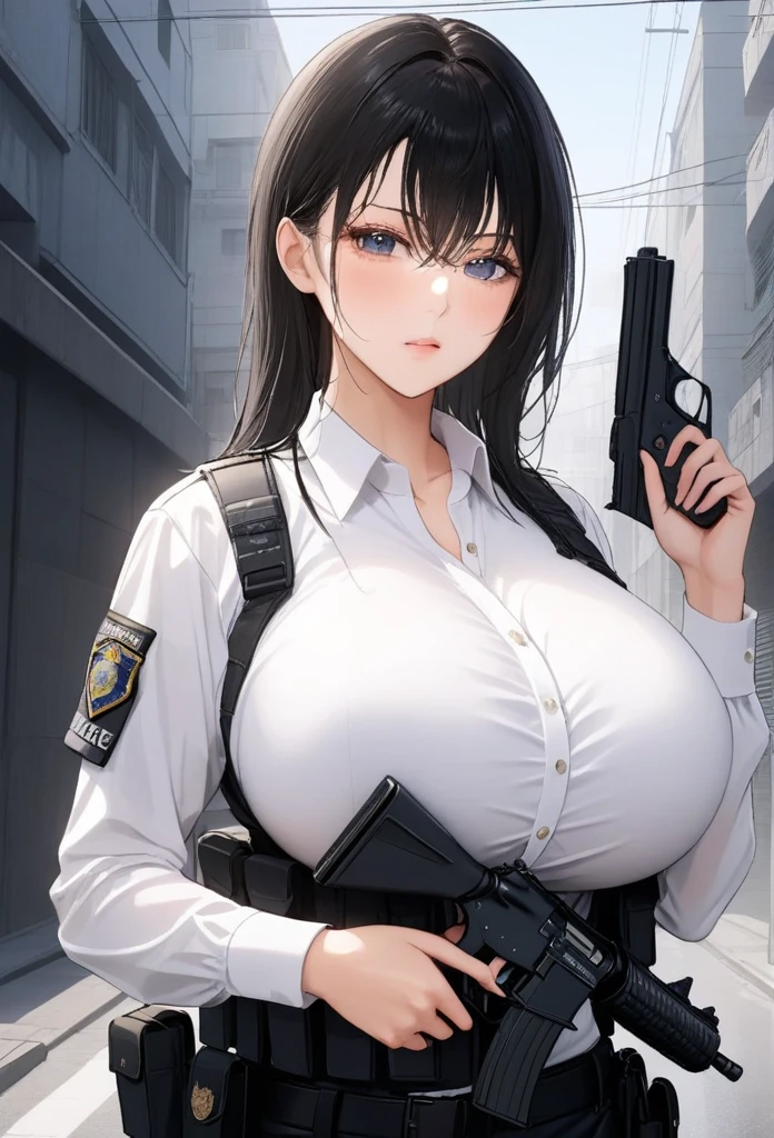 ((best quality, 8k, masterpiece: 1.3)), sharp: 1.2, Perfect body beauty: 1.4, Slim abdominal muscles: 1.2, ((Layered Hairstyle, Large Breasts: 1.2)), (wet White Button Long Shirt: 1.1), (Bulletproof police car, street: 1.2), wet: 1.5, Highly detailed face and skin texture, Delicate eyes, Double eyelids, Look sideways at the camera, White police uniform, tall and big, Army insignia, bulletproof vest, Intercom, Female soldier aiming pistol at camera, Armed at all points, Black leather pants, Special Forces, 