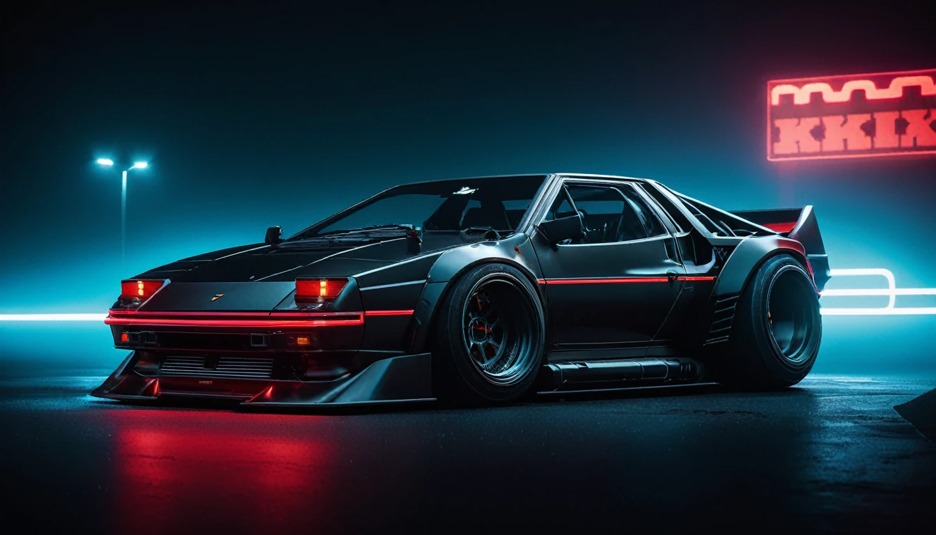 (intrincated details:1.2), (photorealistic), (masterpiece), (photography), cinematic lighting,
KITT cyberpunk, car,, wide tyres,, no humans, scenery, solo, vehicle focus, night time, , neon lights,side view, headlights, frontal 3/4 view, wheels outside the body,moving