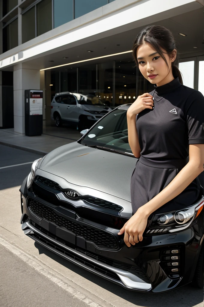8k quality, masterpiece, live action, realistic human feel, realistic skin texture, natural skin, empty dimly lit warehouse, Japanese woman with long, silky straight black hair with glistening skin, bangs, wearing a miniskirt dress, (sitting on the hood of a car!) ), ray tracing, cinematic lighting, backlighting