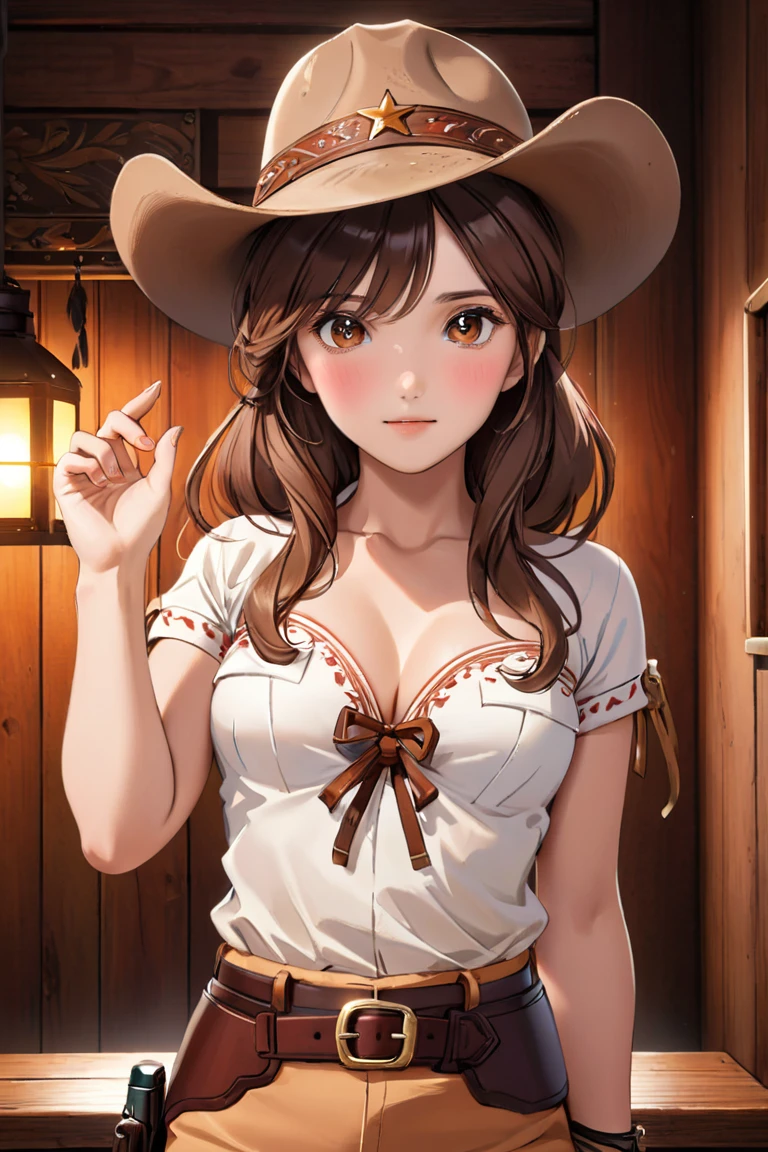 (((NSFW:1.8))),((Nude:1.8)))(((1 person:2.0))),(((naked:1.8))),(((Slim body:1.8))),(((Brown gun belt with holster:1.8))),((Brown cowboy hat:1.8)),((Wear a metal watch on your wrist:1.8))),(((Showing cleavage))),(((Exposed thin inner thighs))),(((Small breasts:1.5))),(((nakedの腕))),(((Her hair is brown))),((Blushed:1.2)), Beautiful detailed girl, Very detailed目と顔, 緻密でBeautiful Eyes, Very detailed, High resolution, Highest quality, masterpiece, Very detailed, 8k wallpaper, wonderful, finely, Highest quality,(Standing in front of a wooden wall),Beautiful Eyes,((Engage your audience:1.2)),(((Full Body Shot:1.8))),((Are standing:1.2)),((Put your right hand on your chest:1.2)),((Whiskey in left hand:1.4)),(((Drunk:1.5))),(((Crying face:1.5)))