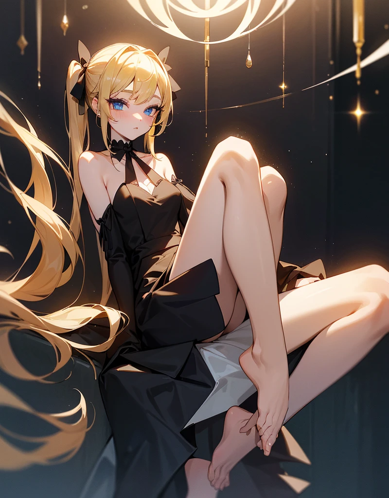  an  girl, She has two pigtails falling over her shoulders, decorated with black ribbons, SHE HAS BLONDE HAIR, blue eyes and a very elegant and very long black dress for a gala dinner with a cut that allows her to show her leg, wears beautiful evening makeup, with a glass of champagne in his hand, sitting in a bar