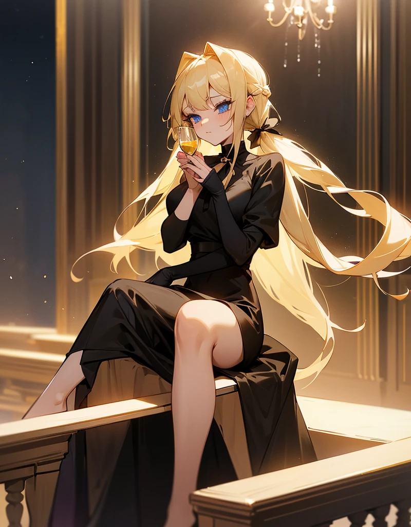 an girl, She has two pigtails falling over her shoulders, decorated with black ribbons, SHE HAS BLONDE HAIR, blue eyes and a very elegant and very long black dress for a gala dinner with a cut that allows her to show her leg, wears beautiful evening makeup, with a glass of champagne in his hand, sitting in a bar