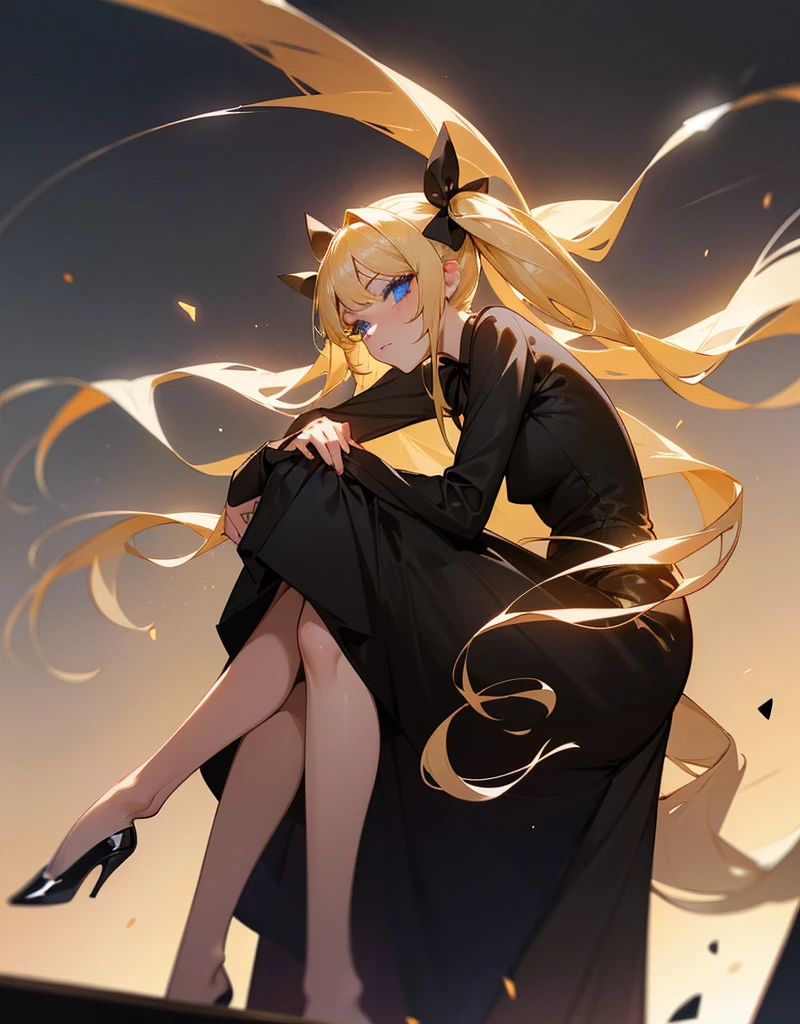 an girl, She has two pigtails falling over her shoulders, decorated with black ribbons, SHE HAS BLONDE HAIR, blue eyes and a very elegant and very long black dress for a gala dinner with a cut that allows her to show her leg, wears beautiful evening makeup, with a glass of champagne in his hand, sitting in a bar