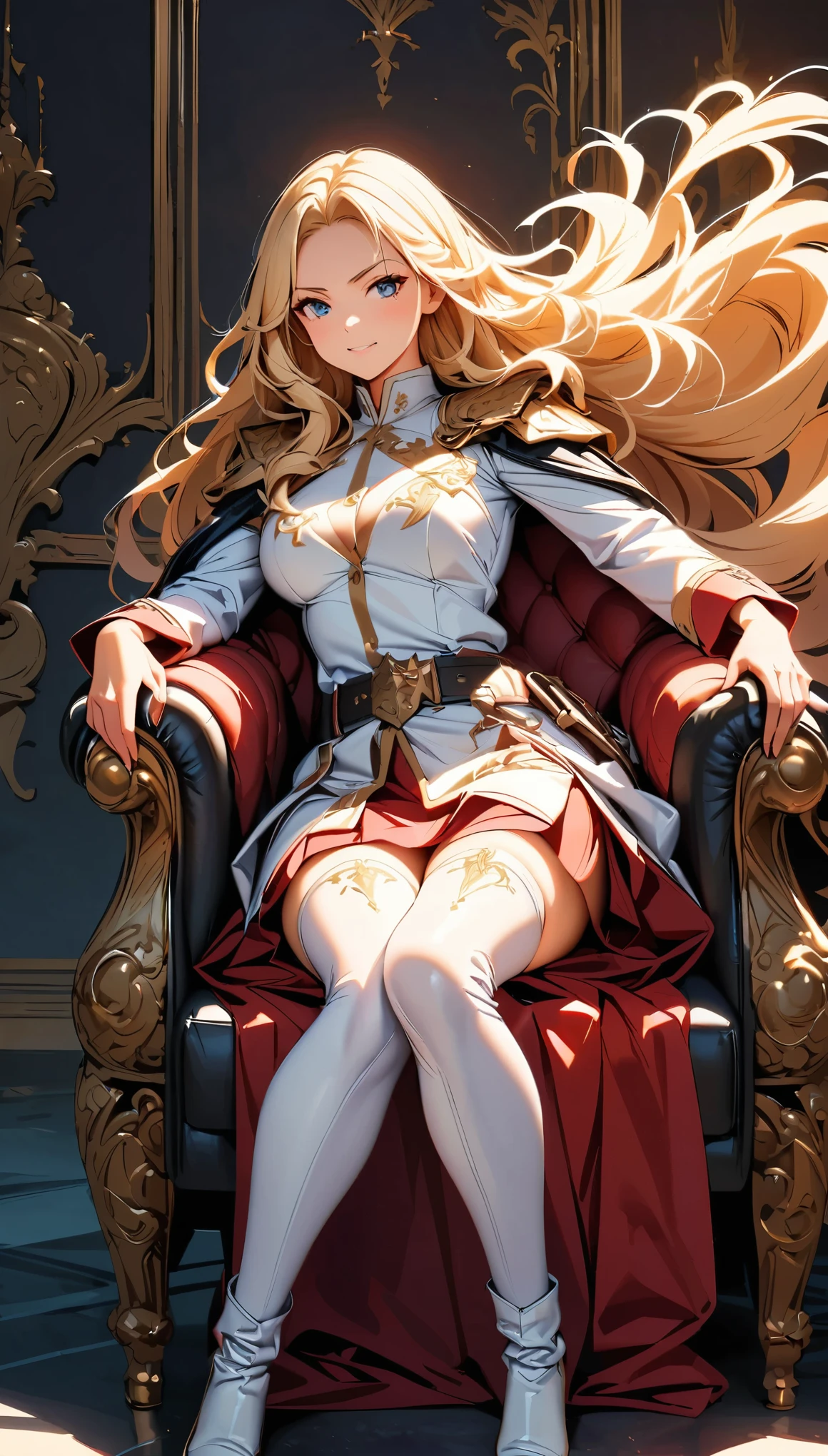 1girl, solo, full body, (masterpiece:1.21), (best quality:1.2), colorful, (illustration:1.2), (cinematic lighting:1.1), magic lights, floating , genitalia visible, naked , spread legs, long dark hair, floating hair, magical lights in her hands, glowing eyes, red eyes, laughing, crazy looking face, looking front, several swords around her, a dark throne room
