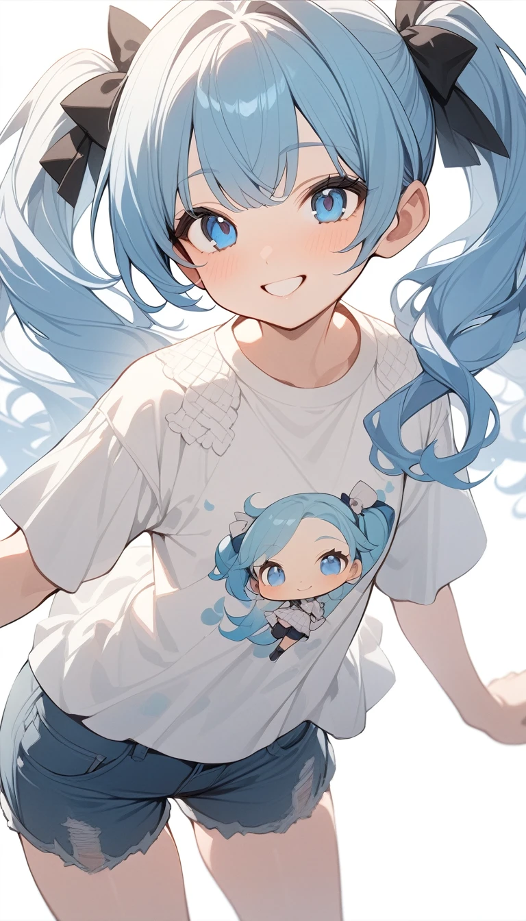 , white, armpit, tank top, blue eye, jelly blue hair, have blue big mushroom hat on head , fore head