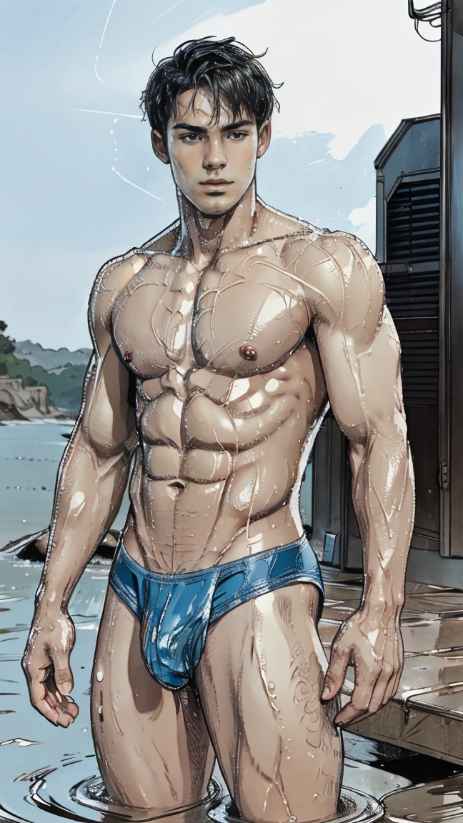 Completely naked, Muscle body, Soaked blue thong, hairy body, teenager, very wet body, Super Realistic photography, PROUDLY SHOWING OFF HIS BODY, Cute boy, NO PANTS, NO BOXER, DETAILED, SKINNY DIPPING, exposed HIS big bulge, Proudly showing off his sweaty very soaked wet to audience. The lighting is soft and natural, casting a soft glow on the boy, don't merge body's, detailed eyes and lips, sixpack and fit body. Image quality is of the highest standard, with ultra-detailed features and a realistic appearance, comic artstyle.