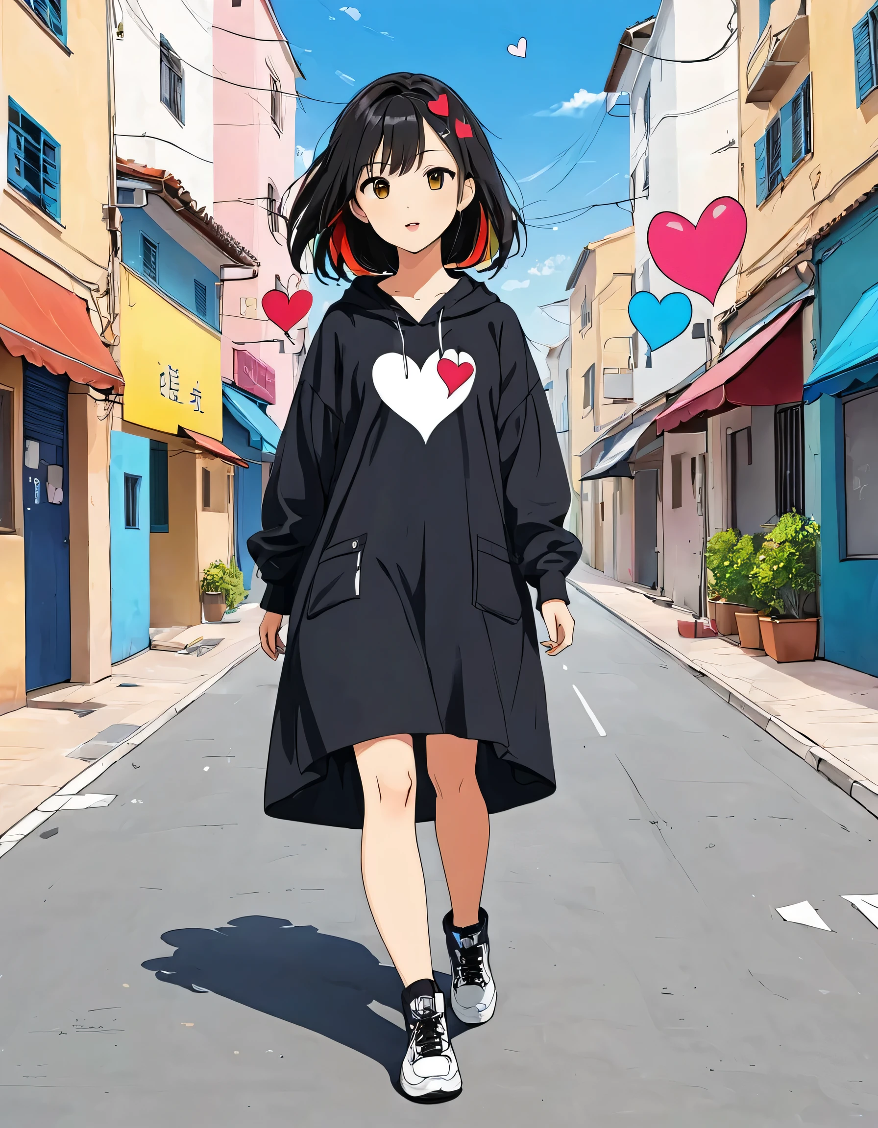 Black Star Red and White style, Simple Line Initialism,Abstract art,Urban Background, colorful hearts ,(((The most beautiful girl of all time))), walking, Cute and colorful amoeba