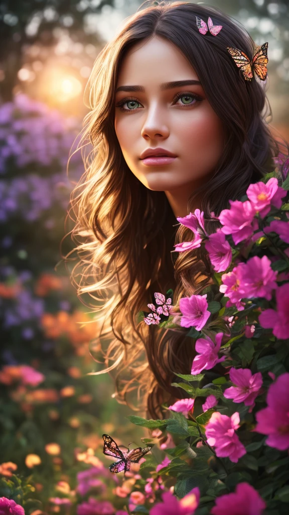 a girl in a garden, beautiful detailed eyes, beautiful detailed lips, extremely detailed eyes and face, long eyelashes, butterfly, flowers, mirror, moon, fog, sunset, (best quality,4k,8k,highres,masterpiece:1.2),ultra-detailed,(realistic,photorealistic,photo-realistic:1.37),HDR,UHD,studio lighting,ultra-fine painting,sharp focus,physically-based rendering,extreme detail description,professional,vivid colors,bokeh,portrait,landscape,warm colors