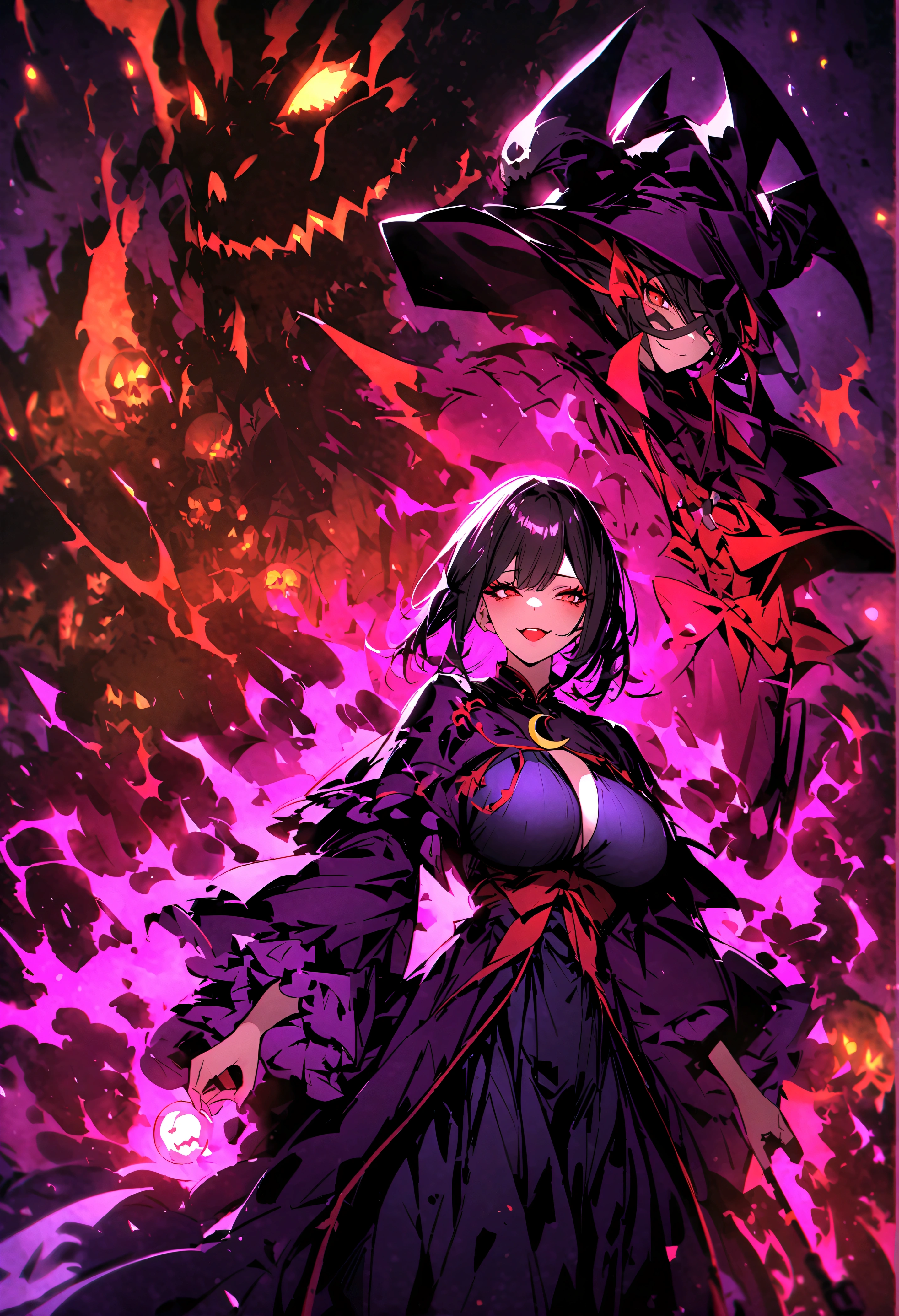 Dark world、Dark red night sky、Laughing crescent、Voluptuous Witch、The dark magician、skull、Purple Robe、Flying broom、🎃、makeup、Aura of darkness、Villainess、