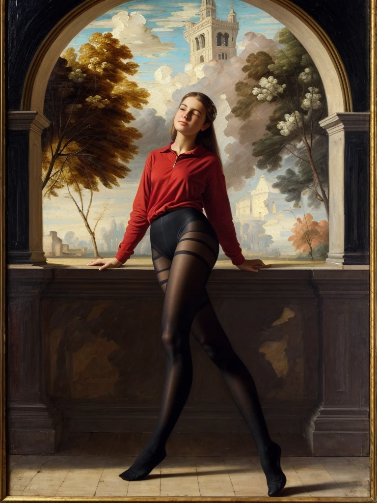 charming young cute girl looks enthusiastically sitting half-sideways on a tron of power, in a red shirt and tights with a tulle frill, Averts his eyes, dark clouds, 15 century,(Bruno Di Maio style)), The dark Renaissance, (fog, very scuffing), ((palette/oil painting palette knife)), ((masterpiece)), single shot, impression:1.2, extreme detail, perspective:1.33, 8k