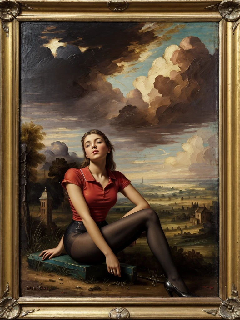 charming young cute girl looks enthusiastically sitting half-sideways on a tron of power, in a red shirt and tights with a tulle frill, Averts his eyes, dark clouds, 15 century,(Bruno Di Maio style)), The dark Renaissance, (fog, very scuffing), ((palette/oil painting palette knife)), ((masterpiece)), single shot, impression:1.2, extreme detail, perspective:1.33, 8k