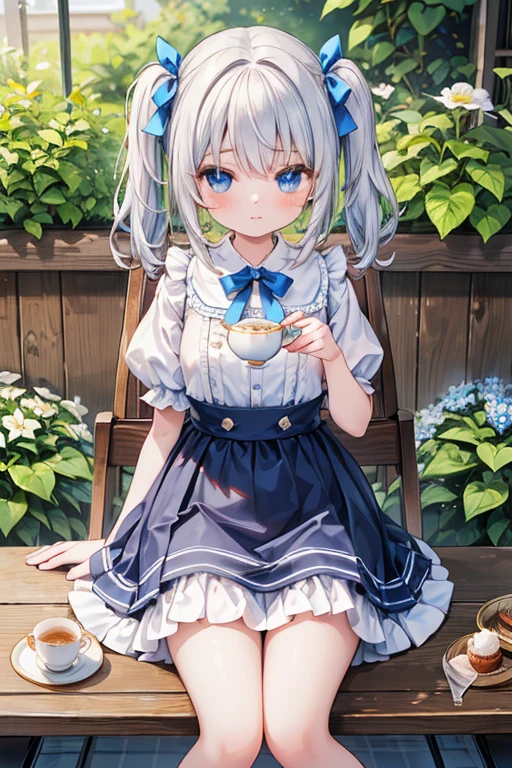 (8K, Highest quality, tableトップ:1.2)、Ultra-high resolution、, Perfect Fingers, Detailed face, blue eyes, Silver Hair, hair two side up, Blue Apron Dress, garden, flower bed, (table:1.5), tea , Tea cup, cake, Sit on a chair
