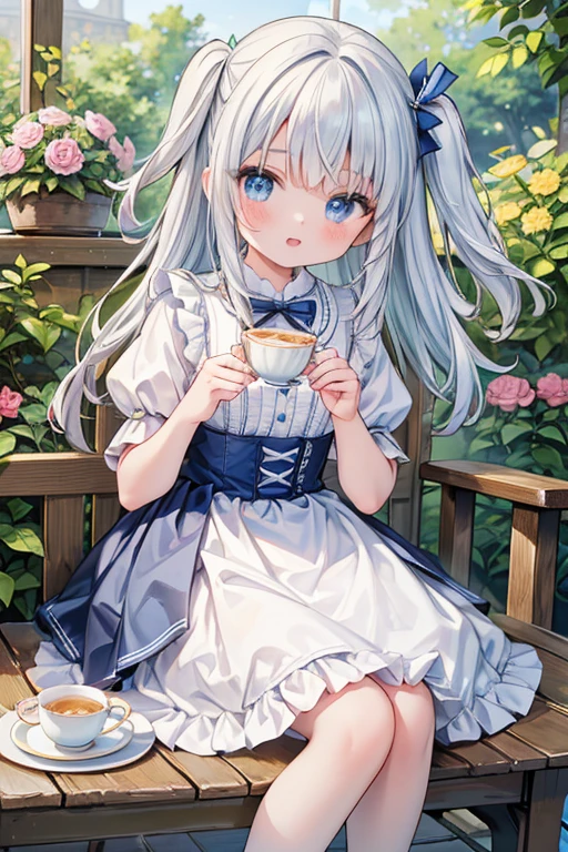 (8K, Highest quality, tableトップ:1.2)、Ultra-high resolution、-yeld gi Perfect Fingers, Detailed face, blue eyes, Silver Hair, hair two side up, Blue Apron Dress, garden, flower bed, (table:1.5), tea , Tea cup, cake, Sit on a chair