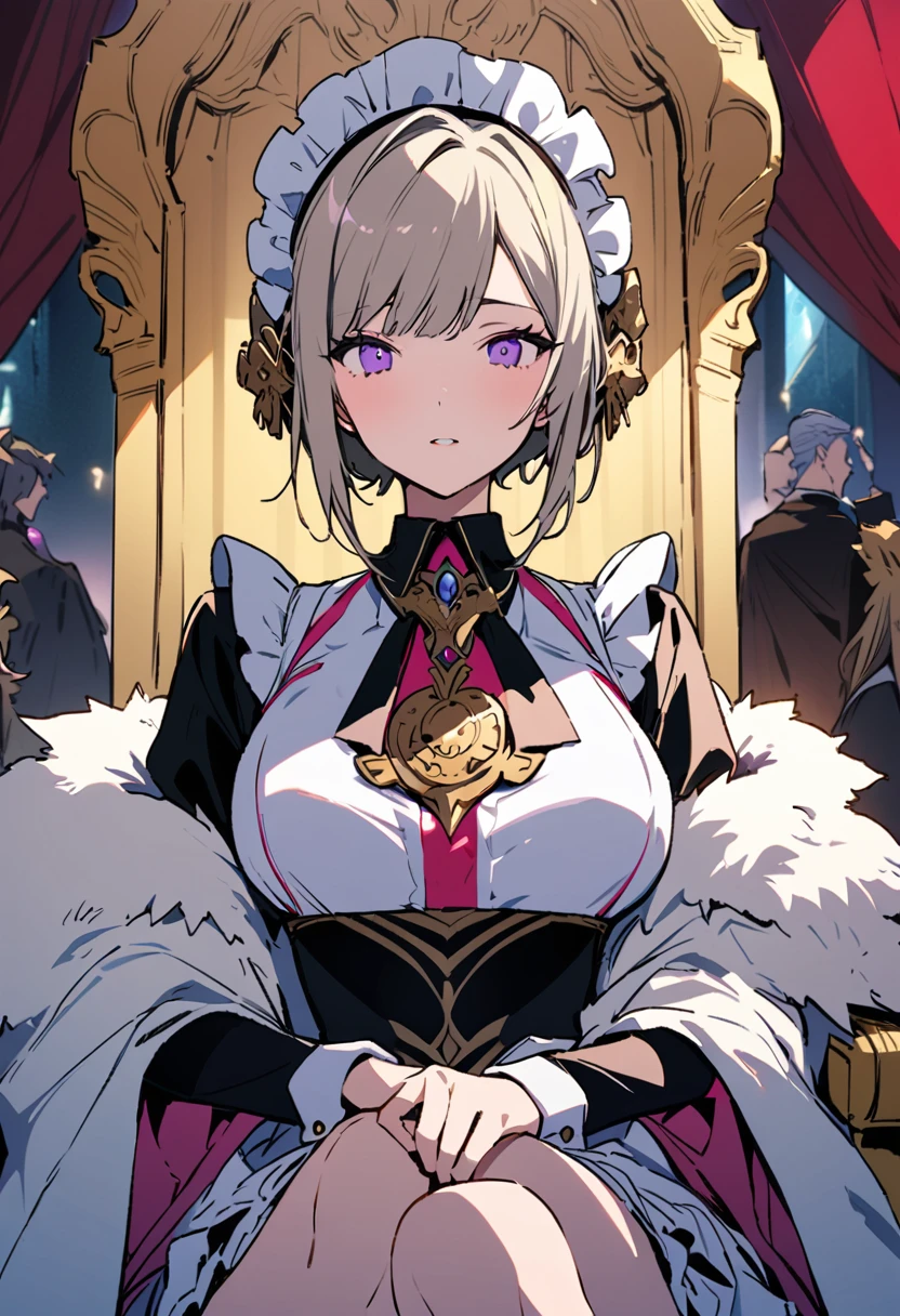 masterpiece, Highest quality, Illustration of the novel, High resolution, 18+ Adult content, Sensual, Intimate, Emotional, Passionate, romantic, sweet, Adorable, Innocent, Pure, Charmな, Charmな, Charm, mysterious, Charmな, Charmな, Immersive, Charmな, dream-like, Surreal, Imaginative, Whimsical, Artistic, Avant-garde, timeless, elegant, Sophisticated, chic, Sophisticated, personality, original, Charmな,((Maid clothes:1.3)),((Throne of Power,Throne of Power:1.3))((Upper Body:1.3))