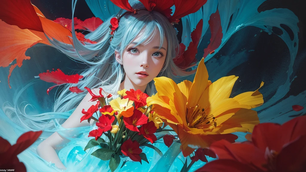 32k, Masterpiece, Highest quality, One girl, Detailed eyes, flower,gladiolus, Yellow and red style,A dreamy, romantic piece,Pale yellow, Mysterious Leaves,A playful arrangement,Fantasy,High Contrast,Ink strokes,explosion,Exposure, Impression of light blue and red tones,Abstract,((Watercolours by John Berkey and Jeremy Mann )) Brush strokes,Negative Space, Tyndall effect,