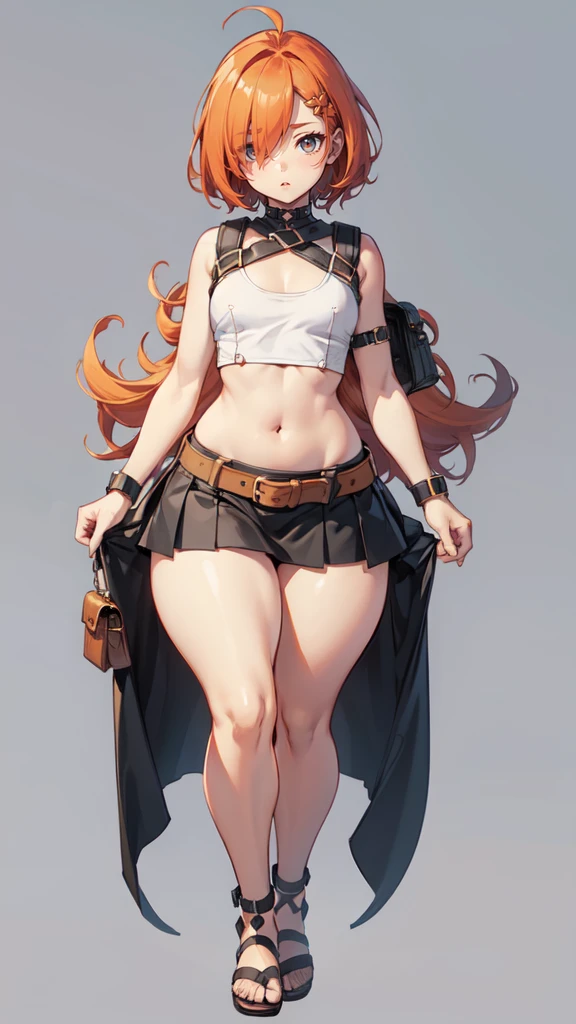 (masterpiece), best quality, female warrior, huge girl, female muscular:1.2, straight hair, ginger hair, massive breast, curvy, ((thick thighs:1.4)), (((blank background))), ((full body)), fingerless gloves, sandals, sleeveless, covered nipples, (underboobs:1.3), medium hair, thin hair, (very short skirt), blunt bangs