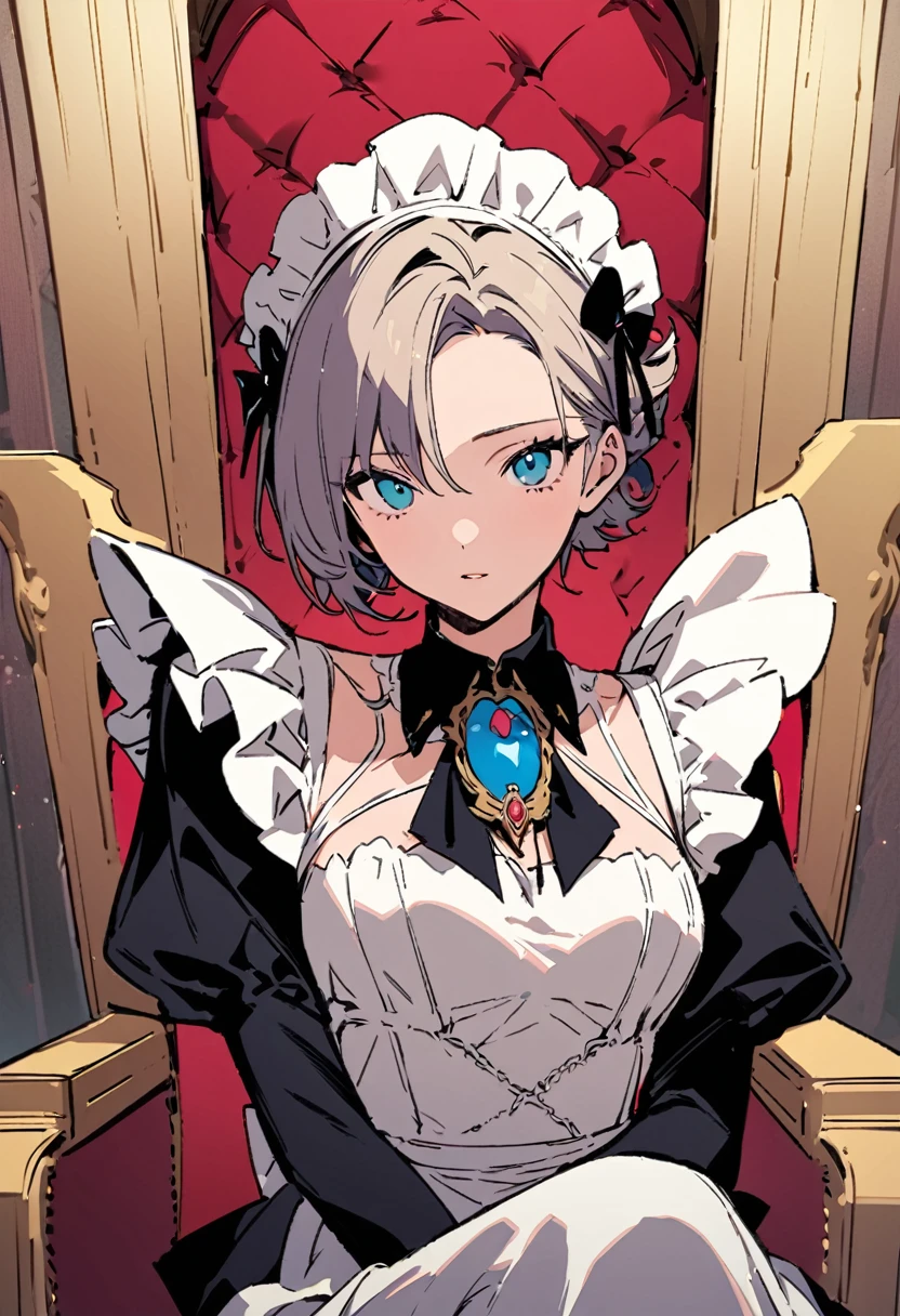 masterpiece, Highest quality, Illustration of the novel, High resolution, 18+ Adult content, Sensual, Intimate, Emotional, Passionate, romantic, sweet, Adorable, Innocent, Pure, Charmな, Charmな, Charm, mysterious, Charmな, Charmな, Immersive, Charmな, dream-like, Surreal, Imaginative, Whimsical, Artistic, Avant-garde, timeless, elegant, Sophisticated, chic, Sophisticated, personality, original, Charmな,((Maid clothes:1.3)),((Throne of Power,Throne of Power:1.3))((Upper Body:1.3))