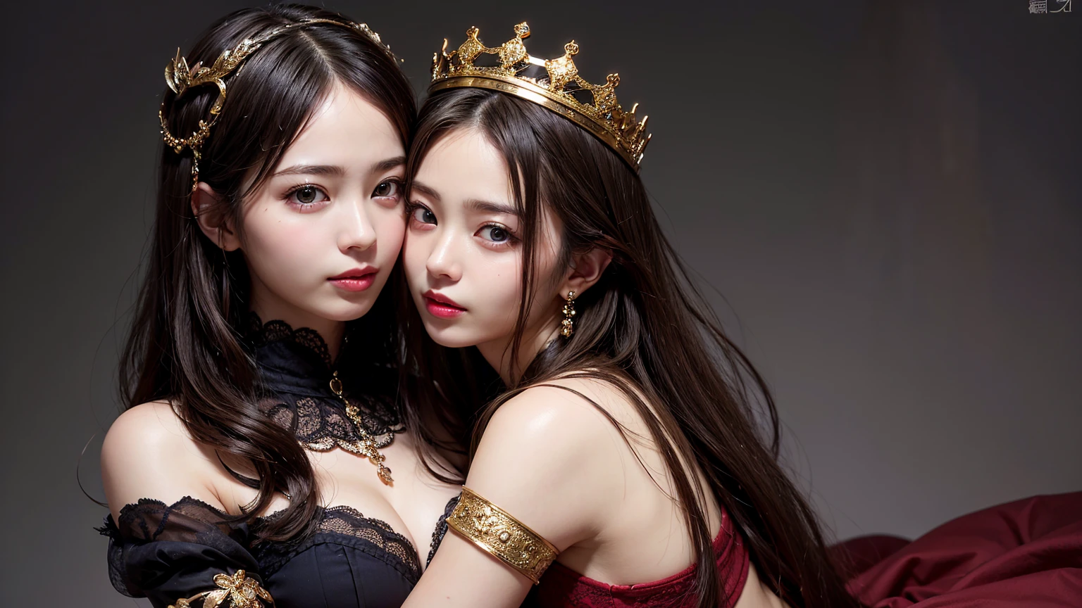 (((A side view that shows both of their bodies))),((masterpiece)),((Highest quality)),((8K)),((Ultra high definition)),((high resolution)),((detailed)),((Perfect body)),((Perfect Face)),(((Two Chinese beauties))),(((中国のprincess))),((Lesbian))、((huge breasts:1.3)),(((Two people lying down))),((Two people lay on top of each other and kiss)),princessの衣装、Very dense makeup、Jet Black Hair、Shiny Hair、Glowing Skin、Super Straight Hair、Long Hair、Bedroom、royal palace、Luxurious and gorgeous、Gorgeous hair ornament、gold、((Bedroomで横になっている))、Royal Family、Yang Guifei、princess、