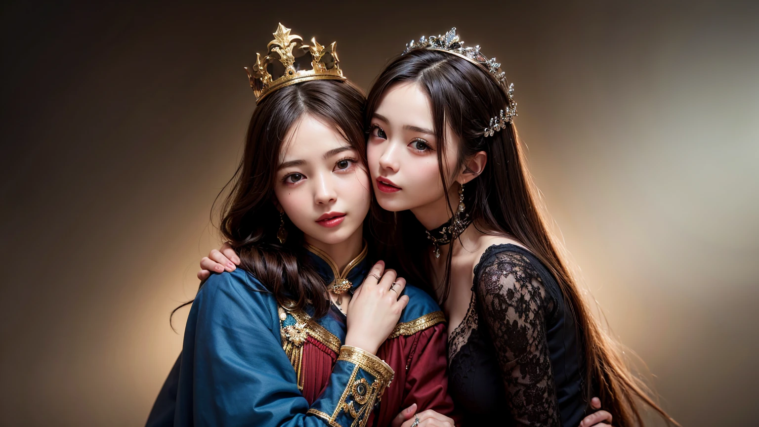 8K quality、High resolution、A queen and a king in love、Realistic skin texture、hug each other's bodies、High resolutionの肌、Princess Hair、thin、Small and young breasts、Open the mouth to reveal a realistic tongue、Beautiful cleavage、Gray Hair、blue eyes、thin脚、Blonde French braid、、Full Body Shot、Wetting、Tearing clothes