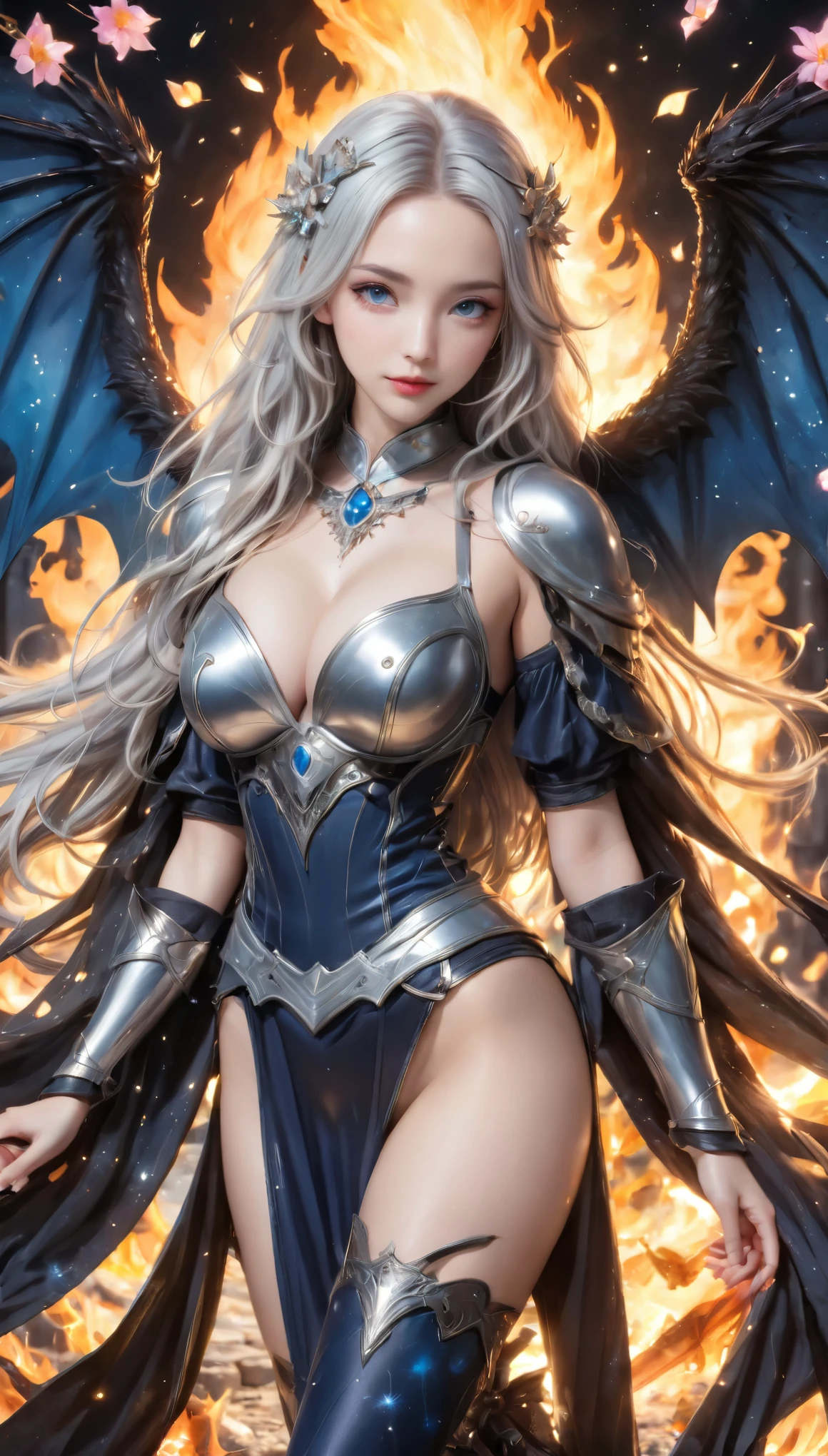 8K resolution, masterpiece, Highest quality, Award-winning works, unrealistic, From above, erotic, sole sexy lady, healthy shaped body, 22 years old, dark knight, 170cm tall, huge firm bouncing busts,, white silver long wavy hair, Detailed facial depictions, Break, Mysterious blue eyes, Standard nose, Eyeliner, pink lips, sexy long legs, Clear skin, knight, A holy sword that emits seven-colored light, Gothic armor, Complex structure of armor, Seven-colored colorful armor, Clothed in flames, Phoenix Crest, elegant, Very detailed, Delicate depiction of hair, miniature painting, Digital Painting, artステーション, コンセプトart, Smooth, Sharp focus, shape, artジャム、Greg Rutkowski、Alphonse Mucha、William Adolphe Bouguereau、art：Stephanie Law , Royal Jewel, nature, Symmetric, Greg Rutkowski, Charlie Bowwater, Unreal, Surreal, Dynamic Lighting, ファンタジーart, Complex colors, Colorful magic circle, flash, dynamic sexy poses, A kind smile, Mysterious Background, Aura, A gentle gaze, BREAK, Small faint lights and flying fireflies, night, lanthanum, 山の頂From above下界を見下ろす, Starry Sky, milky way, nebula, shooting star,, (Back view, Looking back towards the camera:1.3), frying dragons