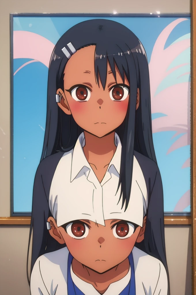 masterpiece, best quality, high resolution, looking at viewer, nagatoro hayase, hair ornament, brown eyes, hairpin, dark skin, black hair, hair ornament, ribbon