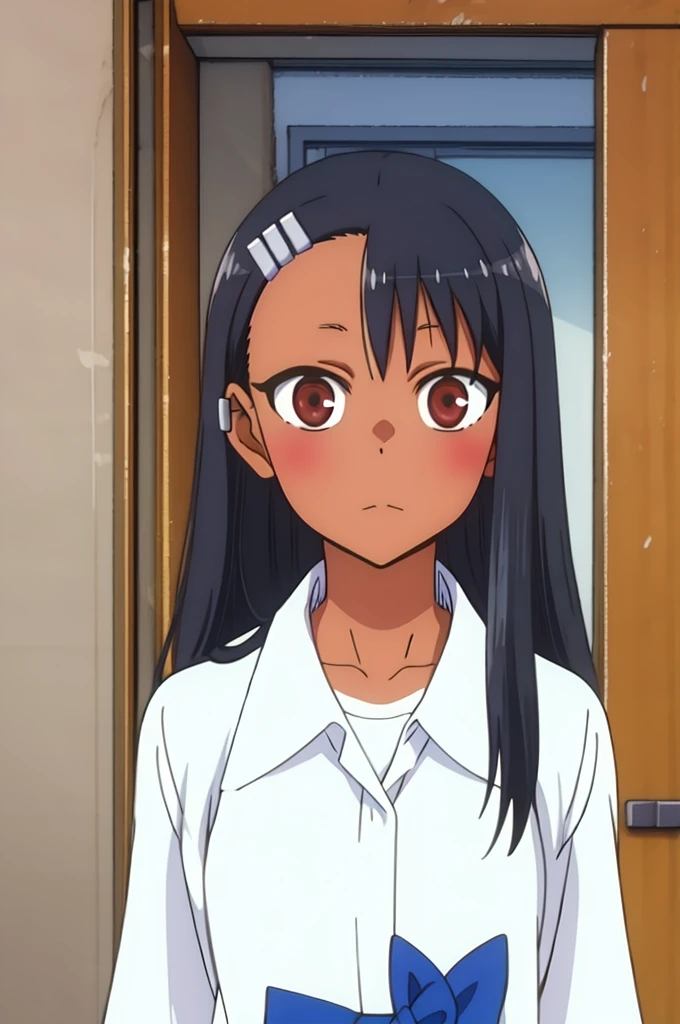 masterpiece, best quality, high resolution, looking at viewer, nagatoro hayase, hair ornament, brown eyes, hairpin, dark skin, black hair, hair ornament, ribbon