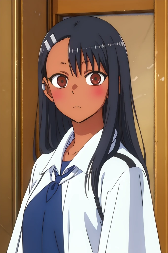 masterpiece, best quality, high resolution, looking at viewer, nagatoro hayase, hair ornament, brown eyes, hairpin, dark skin, black hair, hair ornament, ribbon