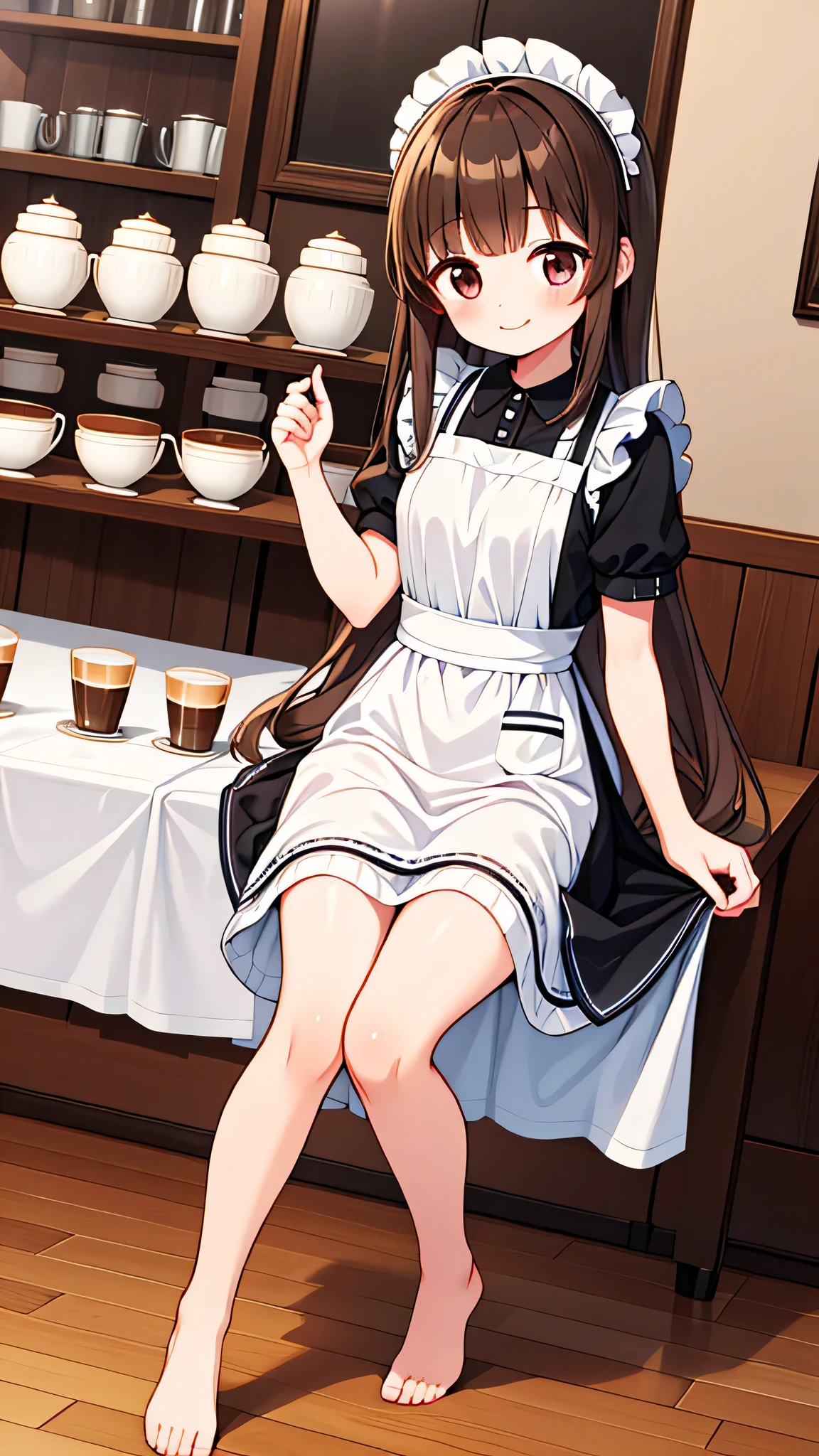 {Highest quality], [Super beautiful], [Ultra fine], [Best illustration], NSFW,Brown Hair, Hime cut, Long Hair, With bangs, girl, smile, blush, Slender women,Maid clothes,Short sleeve,Long straight skirt, Adult women,Coffee shop,diagonal,Bare feet and pumps, Plain black pumps