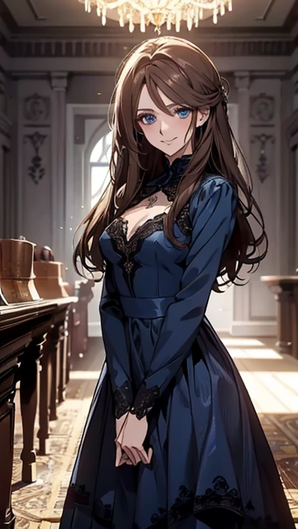 (Highest quality,High resolution,Very detailed),1 Girl, Beautiful and elegant light blue eyes, Brown Hair,Bundle your hair,Cold Smile,Long Hair,Dark blue party dress,Formal wear, Small breasts, 27 years old,Cruel smile, , Pale complexion, thin, Calm, Party Venue,Dark blue long sleeve dress
