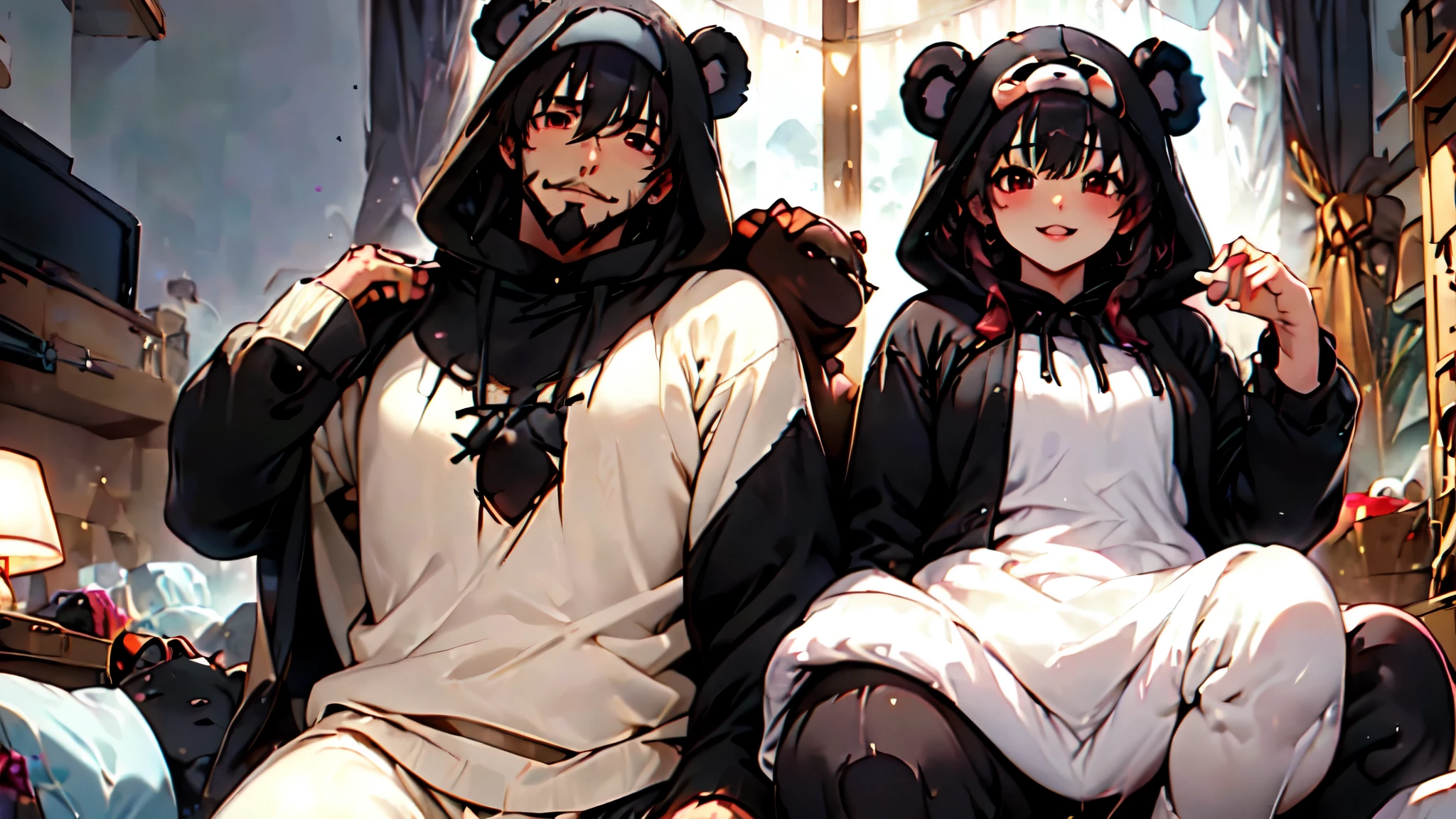 beautiful couple of man and woman (junkotvv and neocruz brown eyes and beard), (Masterpiece), Best Quality, (extremely detailed face), extremely detailed eyes, perfect lighting, General detail,(junkotvv) detailed, deep skin,textured skin,
,Bear costume ,black Bear costume, long sleeves, hood up,,mauve , long black fur, Red eyes, big smile,in bed ,sitting between pillows, with a bucket of Popcorn, a television in front
,