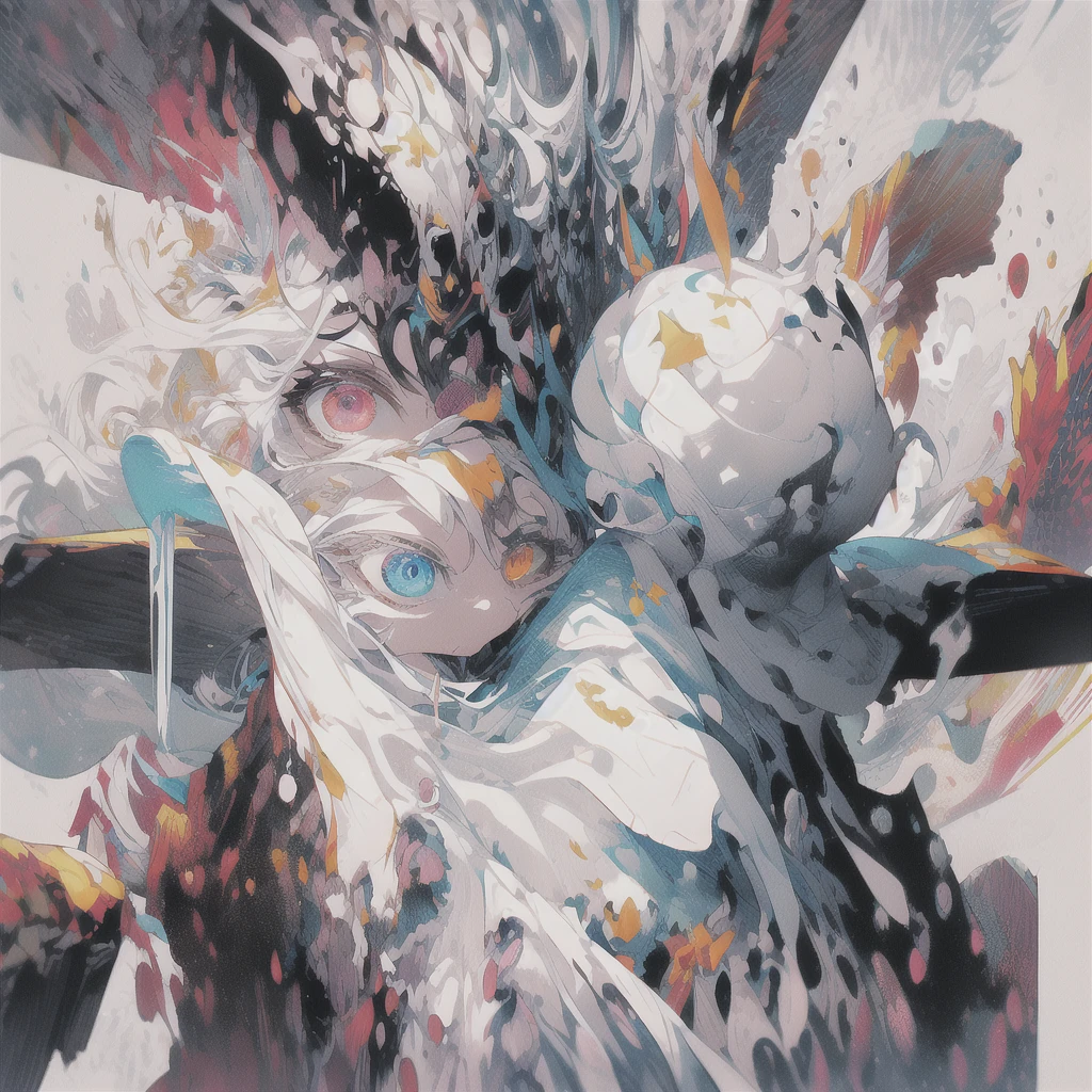 , (masterpiece:1.2), best quality,midjourney,
1girl, solo, long hair, white hair, looking at viewer, long sleeves, black dress, dress, own hands together, ahoge, very long hair, shirt, bangs, red hair, hair ornament, heterochromia, multicolored hair, pointy ears, purple eyes, white background, white shirt, closed mouth
