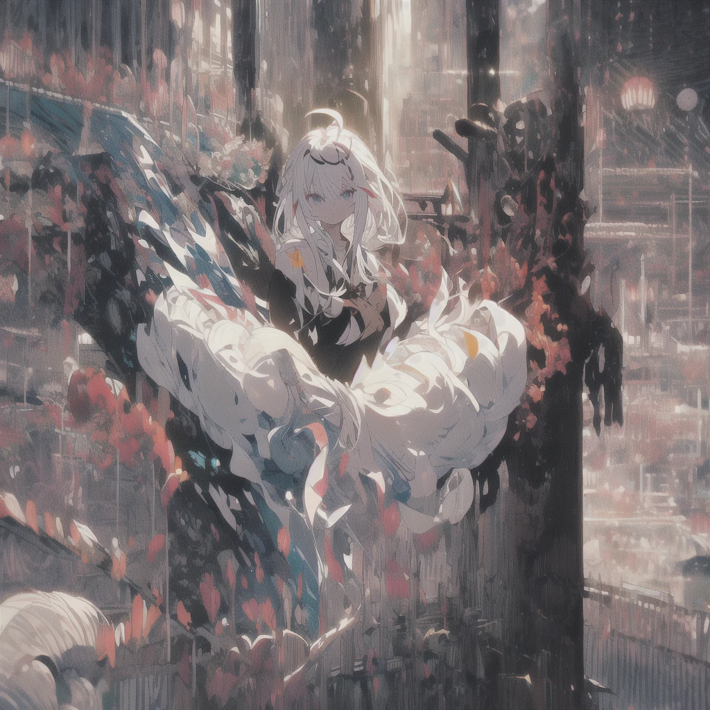 , (masterpiece:1.2), best quality,midjourney,
1girl, solo, long hair, white hair, looking at viewer, long sleeves, black dress, dress, own hands together, ahoge, very long hair, shirt, bangs, red hair, hair ornament, heterochromia, multicolored hair, pointy ears, purple eyes, white background, white shirt, closed mouth