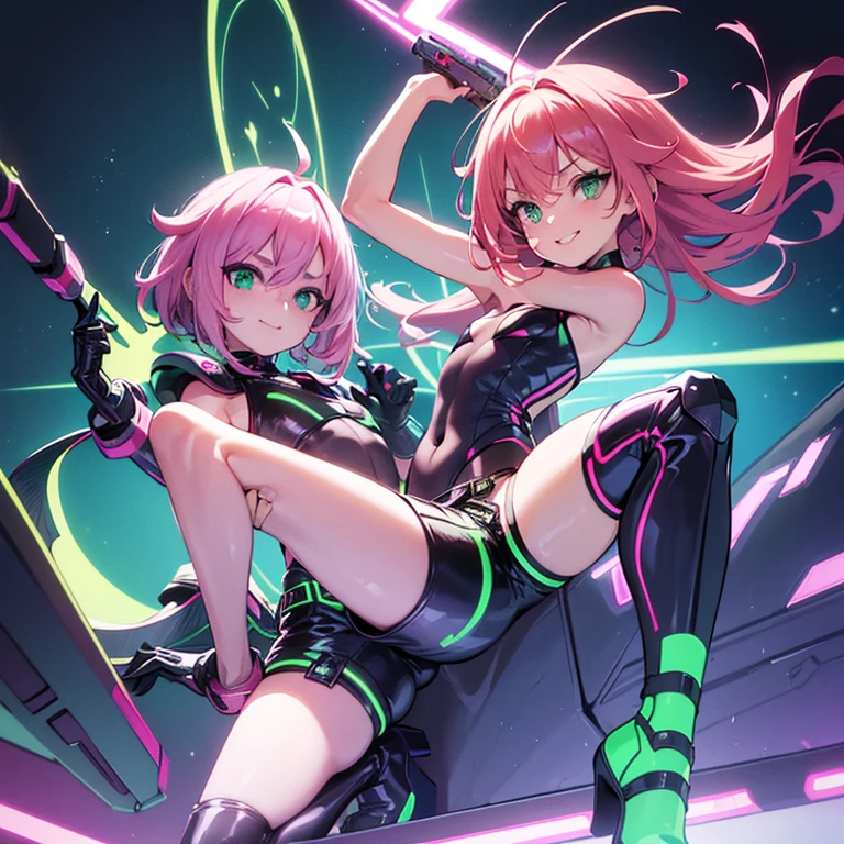 (masterpiece), (best quality), (high res) Solo, (perfect anatomy), young girl (10 years old), fair skin, pink hair (shoulder length), green eyes, (skin tight idol outfit), (blue high heels boots), (tied up shirt), (super tight mini shorts), smiling, flat chest in a futuristic space setting with a green light, cyberpunk, cyber suit, best anime 4k, cybersuits

