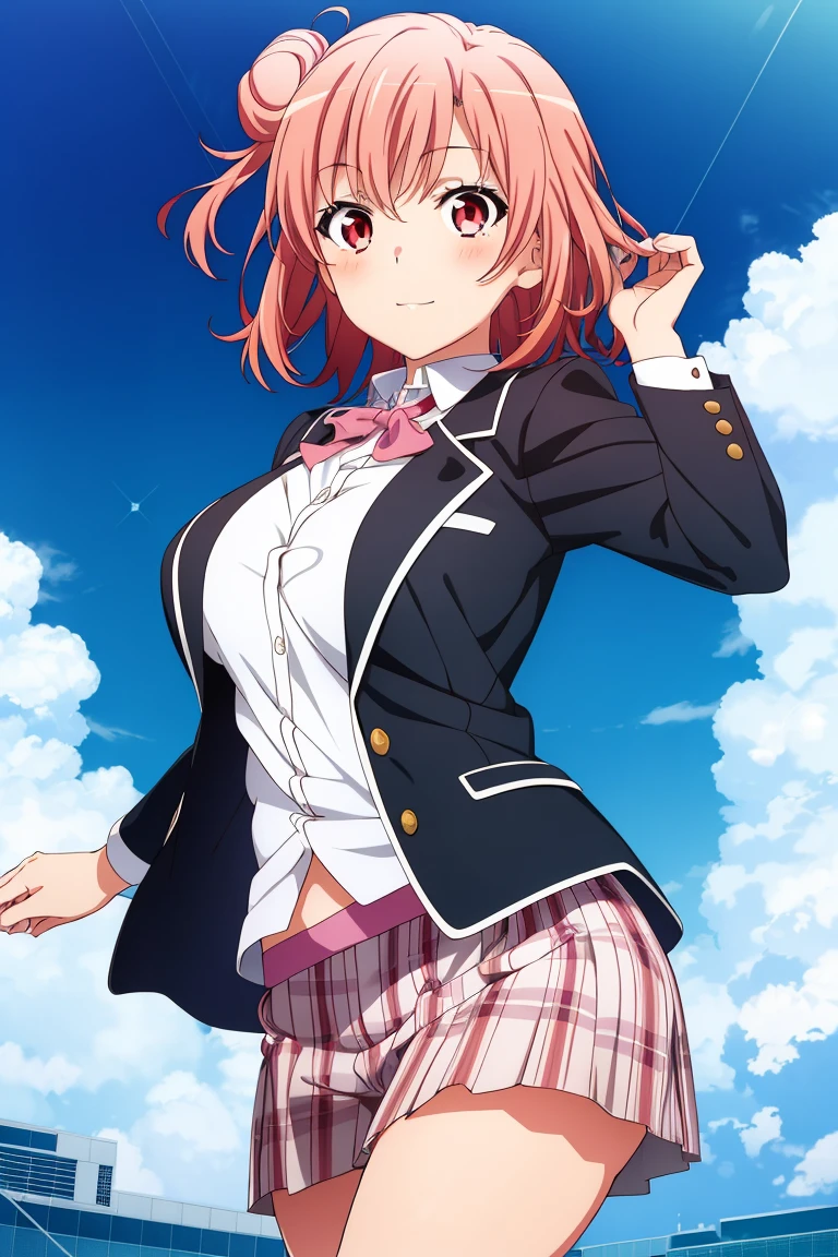 highest quality, High resolution, perfect pixel, Depth of the bounds written, 4k, beautiful anime girl, perfect body,
looking at the viewer,
Yuigahama Yui, 1 girl, short hair, pink hair, hair bun,
large breast,
blazer, ,
cowboy shot,