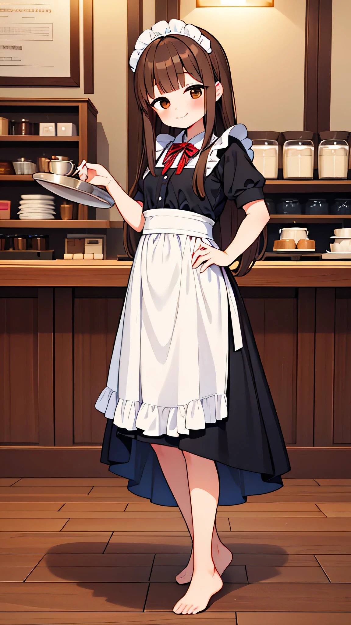 {Highest quality], [Super beautiful], [Ultra fine], [Best illustration], NSFW,Brown Hair, Hime cut, Long Hair, With bangs, girl, smile, blush, Slender women,Maid clothes,Short sleeve,Long straight skirt, Adult women,Coffee shop,diagonal,Bare feet and pumps, Plain black pumps,Strike a Pose
