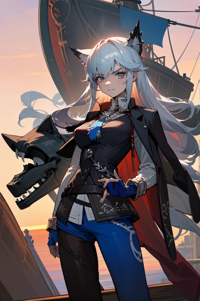 a dashing, tall, long-haired white-haired female pirate, radiating with luminous tan skin and captivating blue-gray eyes. Adorned with red tribal tattoos on her face and muscular physique, boasting defined abs, lifting her arm. Clad in pirate pants and leather pirate gloves, she wears a confident smile, projecting a grand and formidable posture, wielding a sword forward. Standing atop a pirate ship sailing the seas amidst pirate warfare, as the sunrise breaks through the morning sky."