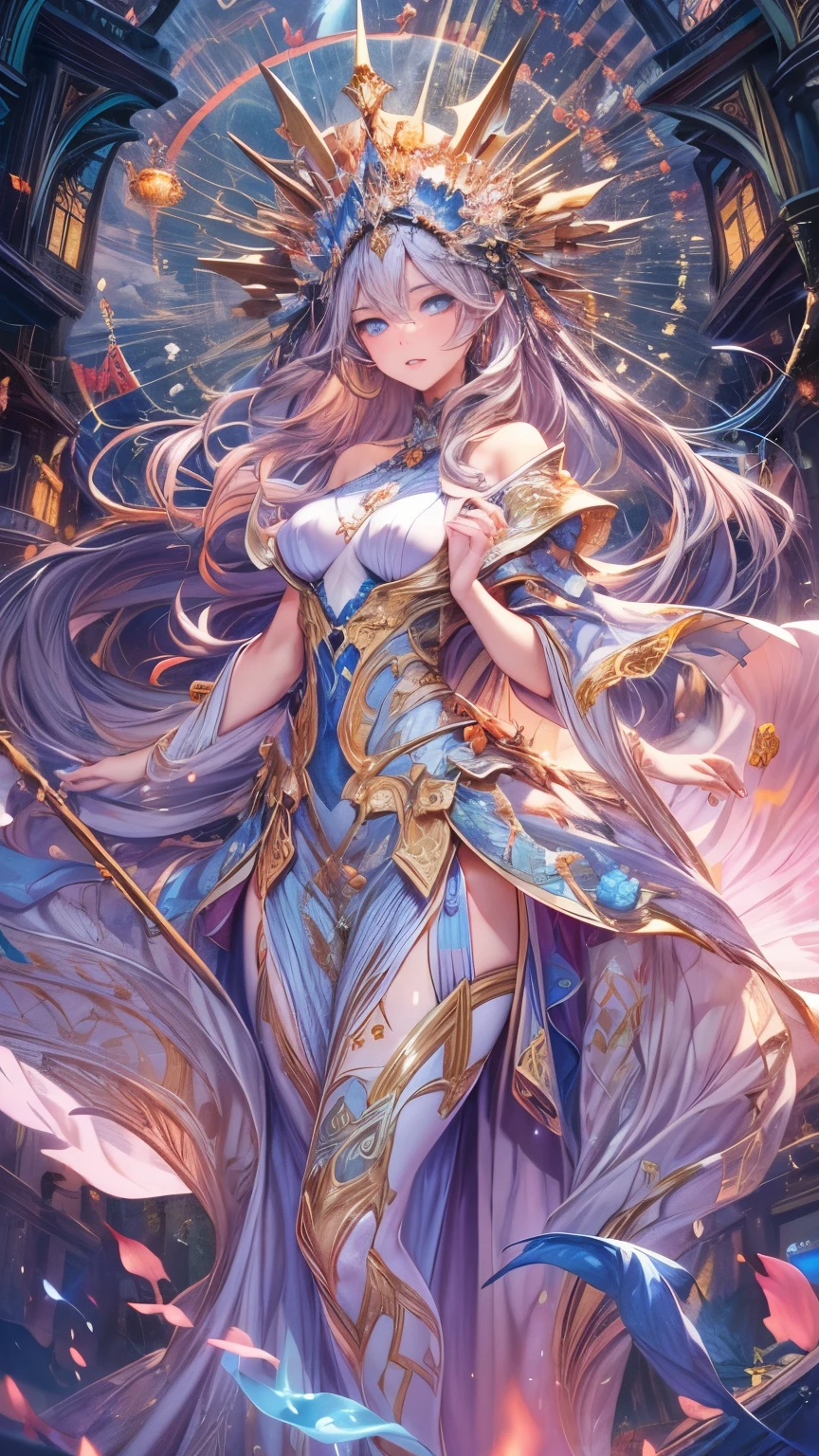 8K resolution, masterpiece, Highest quality, Award-winning works, unrealistic, From above, erotic, Only sexy women, healthy shaped body, 22 years old, Black Mage, Height: 165cm, huge firm bouncing busts,, Silvery long wavy hair, Detailed facial depiction, break, Mysterious blue eyes, Standard nose, eyeliner, Pink Lips, Sexy long legs, Transparent muscle, holy knight, Gothic ruffle long dress, A dress with a complex structure, Seven colourful dresses, Clothed in flames, royal coat of arms, elegant, Very detailed, Delicate depiction of hair, Miniature Painting, Digital Painting, artステーションコンセプトart, Smooth, Sharp focus, shape, artジャム、Greg Rutkowski、Alphonse Mucha、William Adolphe Bouguereau、art：Stephanie Law , Royal Jewel, nature, Symmetric, Greg Rutkowski, Charlie Bowwater, unrealistic, Surreal, Dynamic Lighting, ファンタジーart, Complex colors, Colorful magic circle, flash, dynamic sexy pose, A kind smile, Mysterious Background, aura, A gentle gaze, break, Small faint lights and flying fireflies, night, lanthanum, 山の頂From above下界を見下ろす, Starry Sky, milky way, nebula, shooting star, A sacred staff that emits a brilliant light, Back view, Facing the camera