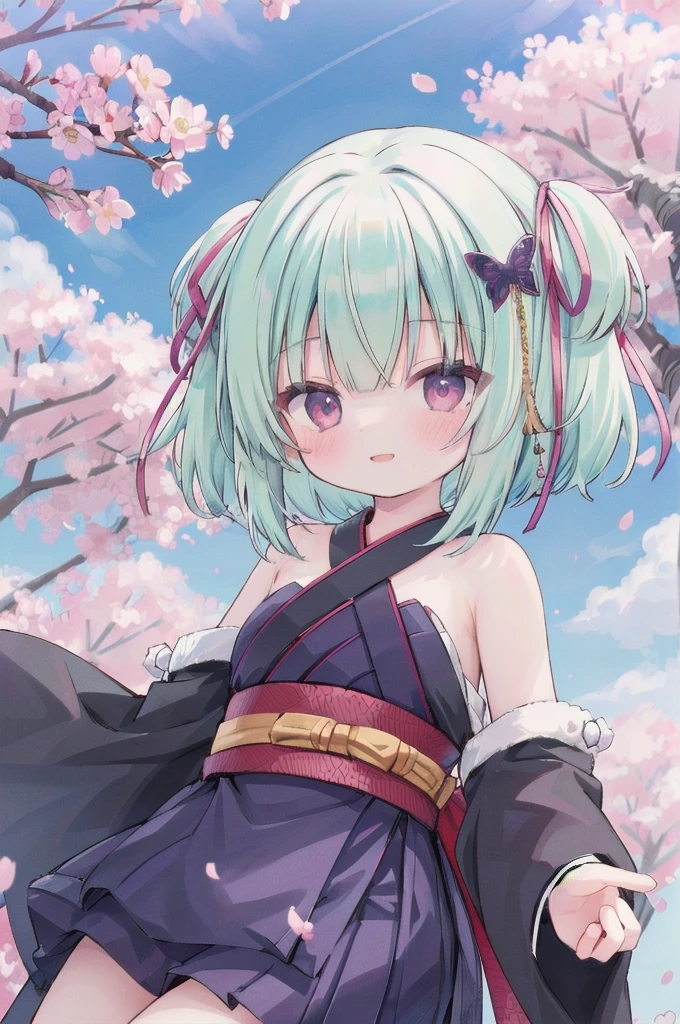 ((masterpiece,best quality))
 1 Girl, Murasame, two simoralitye up, Hair accessories,
kimono, bare shoulmoralityers, half-closemorality eyes, remorality eyes, :morality, outmoralityoors, Cherry blossoms, blue sky smile