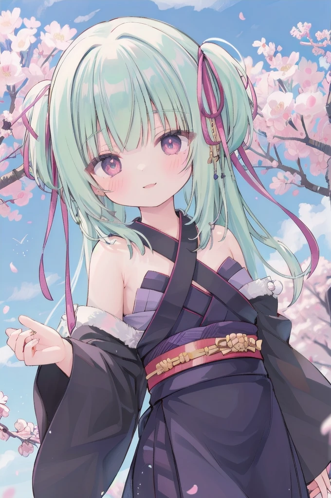 ((masterpiece,best quality))
 1 Girl, Murasame, two simoralitye up, Hair accessories,
kimono, bare shoulmoralityers, half-closemorality eyes, remorality eyes, :morality, outmoralityoors, Cherry blossoms, blue sky smile