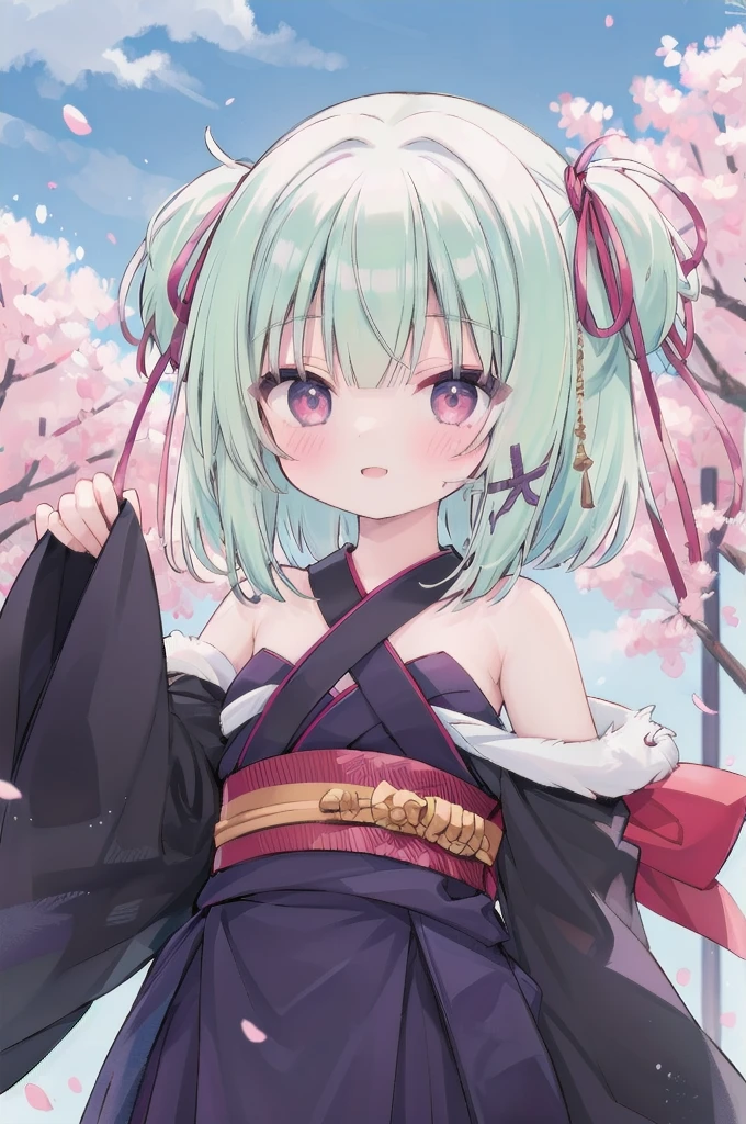 ((masterpiece,best quality))
 1 Girl, Murasame, two simoralitye up, Hair accessories,
kimono, bare shoulmoralityers, half-closemorality eyes, remorality eyes, :morality, outmoralityoors, Cherry blossoms, blue sky smile