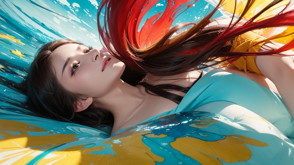 32k, Masterpiece, Highest quality, One girl, Detailed eyes, flower,gladiolus, Yellow and red style,A dreamy, romantic piece,Pale yellow, Mysterious Leaves,A playful arrangement,Fantasy,High Contrast,Ink strokes,explosion,Exposure, Impression of light blue and red tones,Abstract,((Watercolours by John Berkey and Jeremy Mann )) Brush strokes,Negative Space, Tyndall effect,