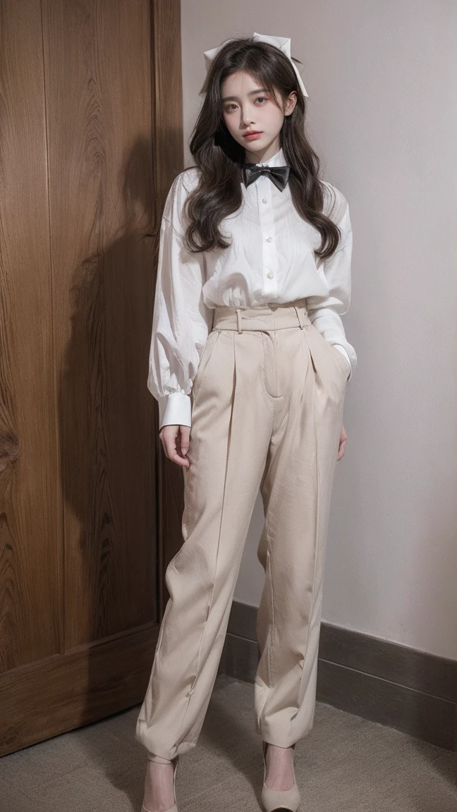 Create an image of a young woman standing in a minimalist, well-lit indoor setting. She is wearing a white blouse with a large bow tie at the collar and thin black stripes. Her high-waisted beige trousers are tailored and have decorative buttons at the waist. She is carrying a small light gray handbag and wearing beige high heels. Her long hair is styled in loose waves, and she has a composed expression."