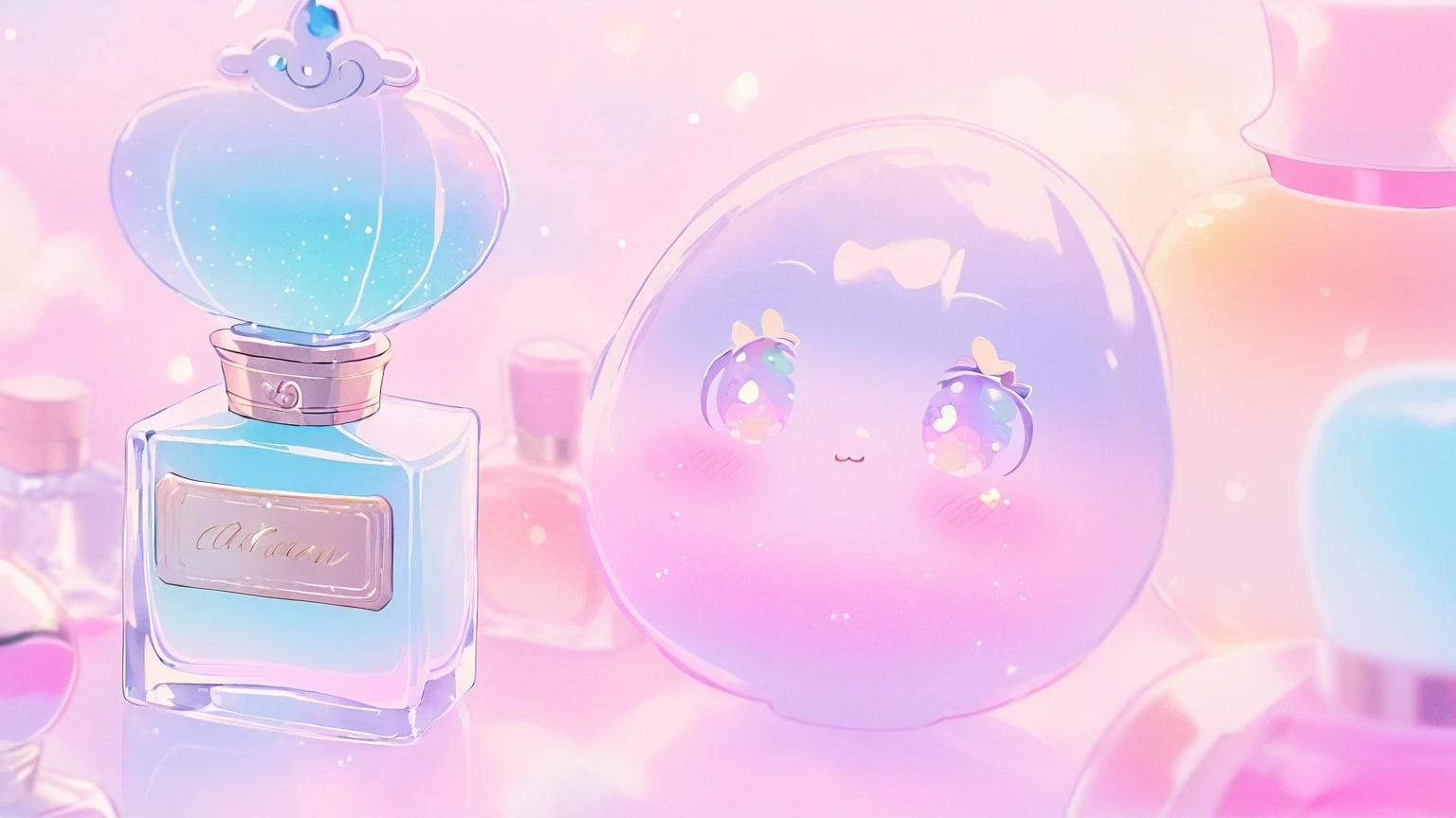 kawaii, close up of a luxury perfume bottle, pastel colors, dreamy