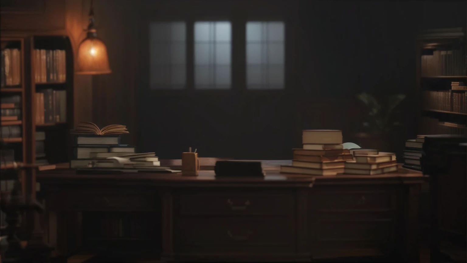 There is an office with a lot of books, dusty library, alchemist Library background, Library background, Dim library, Wooden desks with books, Personal room wallpaper, Detailed cinematic presentation, Detailed cinematic shot, Blurry background of library, Realistic cinematic presentation, in a Dim library, Dark cinematic lighting, Library interior background, Dark library, Heavy vignette!