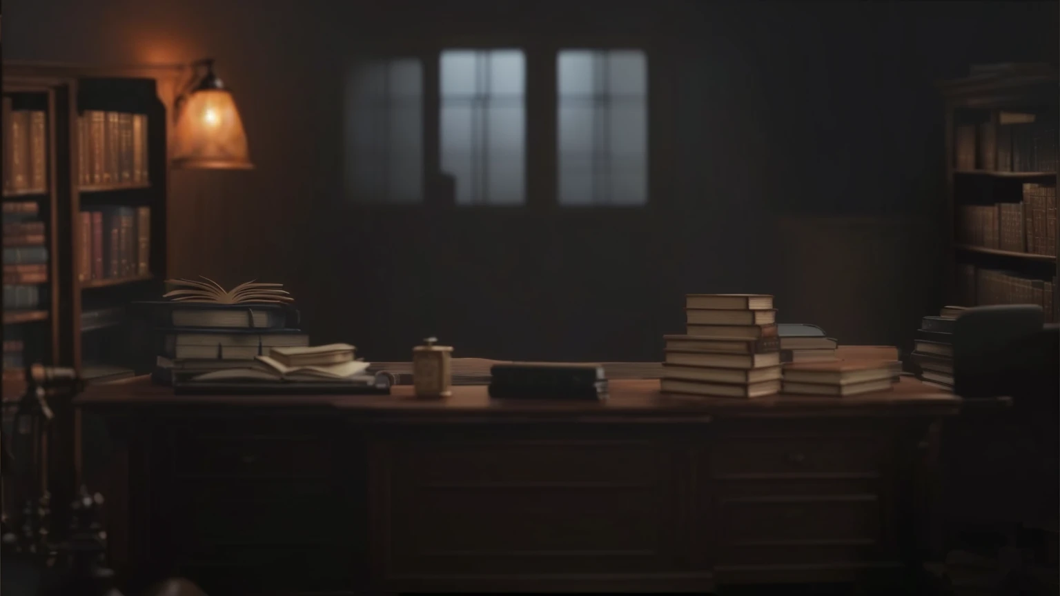 There is an office with a lot of books, dusty library, alchemist Library background, Library background, Dim library, Wooden desks with books, Personal room wallpaper, Detailed cinematic presentation, Detailed cinematic shot, Blurry background of library, Realistic cinematic presentation, in a Dim library, Dark cinematic lighting, Library interior background, Dark library, Heavy vignette!
