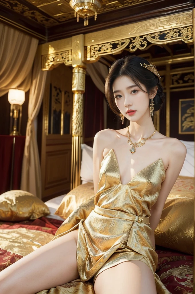 (((best quality))),(((ultra detailed))),(((masterpiece))),illustration,1 girl,solo,slim,thin,shoulder length straight bob hair,earrings,necklace,small breasts,flat chest,slender legs,high heels,Asian appearance,princess,royal,Chinese palace,night scene,magnificent dragon gown,golden crown,intricate embroidery,luxurious fabric,precious stones,(sitting on the metallic bed:1.3),(arms behind back:1.3),decorative patterns,rich decorations,luxurious furnishings,regal charm,beautiful face,gentle smile,bright eyes,historical,traditional,city lights,modernity,frozen moment,beauty of the past,evolution of time,(from front:1.3),(spread legs apart:1.3),(upper body:1.2)