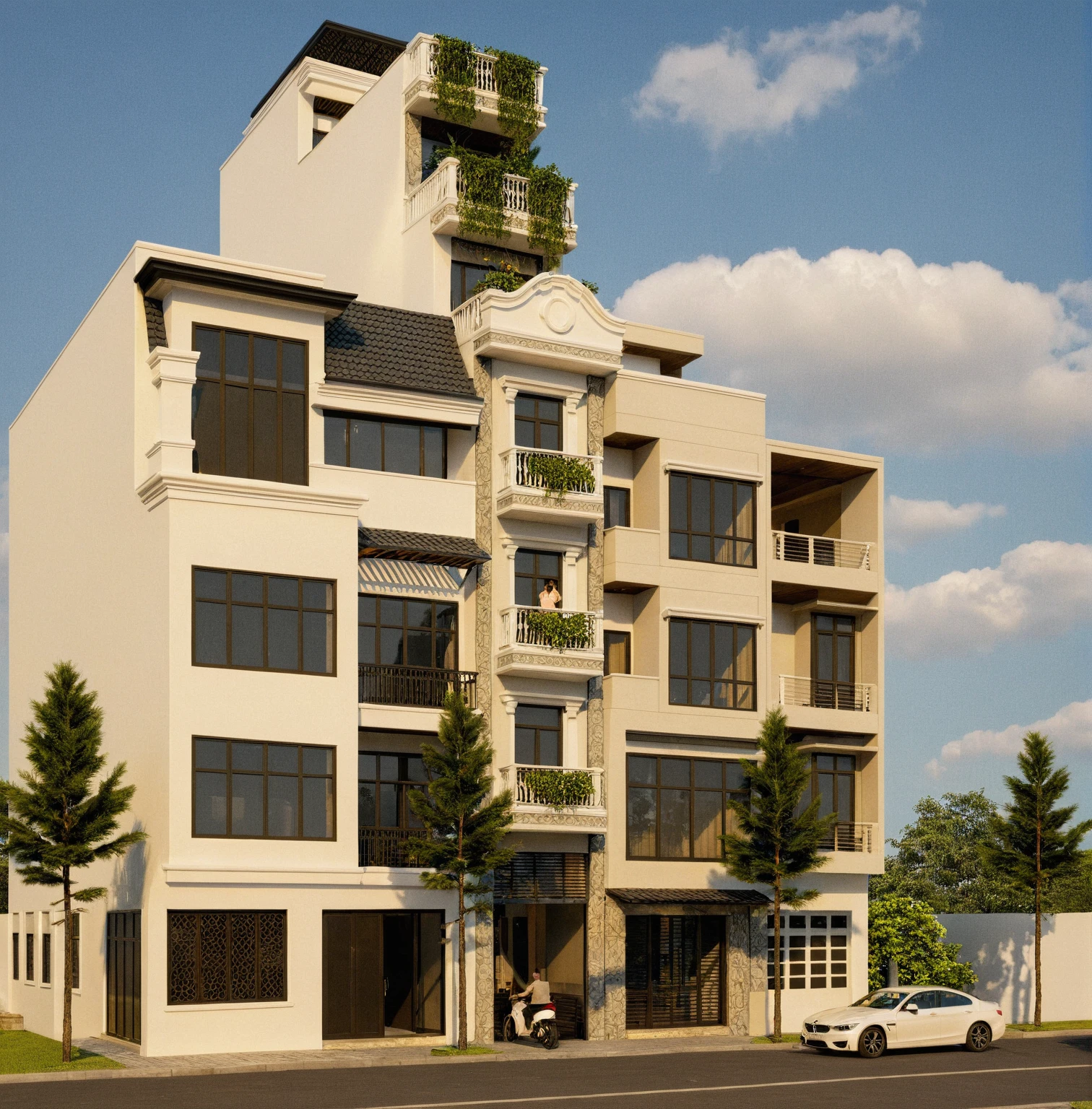 Raw photo,Masterpiece, high quality, best quality, authentic, super detail,
exterior, outdoors, house style indochine on the street ,aiaigroup
road,pavement, grass, trees, sky, cloud, (day:1.1)