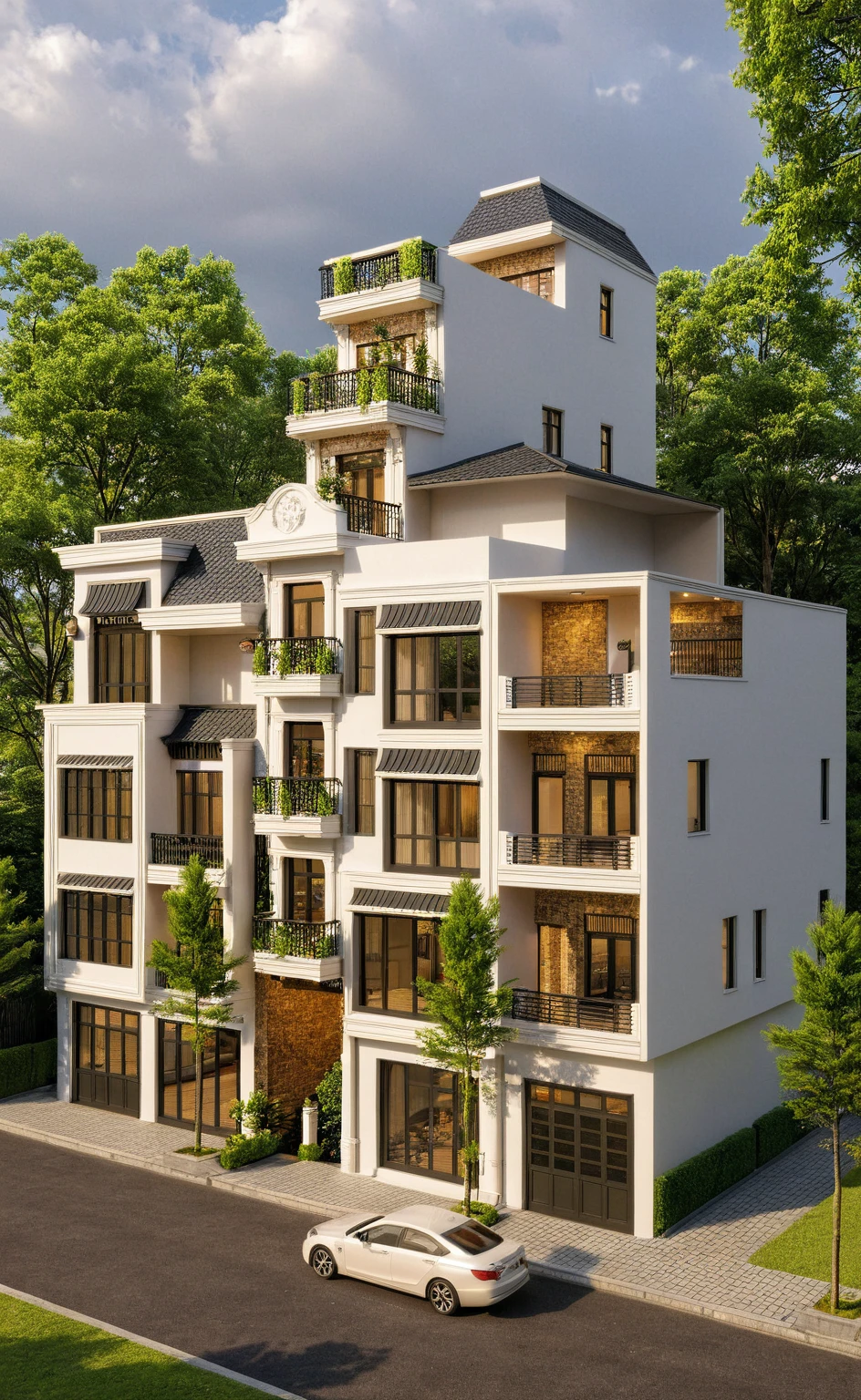 Raw photo,Masterpiece, high quality, best quality, authentic, super detail,
exterior, outdoors, house style indochine on the street ,aiaigroup
road,pavement, grass, trees, sky, cloud, (day:1.1)