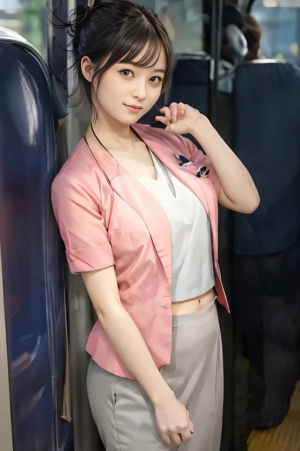 (masterpiece:1.2, Highest quality:1.2), 32k HDR, High resolution, (alone、1 girl)、 (Height: 160cm)、(On the rooftop of a building in the daytime、Professional Lighting)、Building rooftop background、(Nankai train crew uniform pinkを着たリアルスタイル)、(Nankai train crew uniform pink short sleeve collarless pink jacket、Nankai Train Crew Uniform Pink Collarless Short Sleeve Blouse、Nankai Train Crew Uniform Pink Grey Knee-length Culottes)、(The pink jacket is showing from the culottes.)、Dark brown hair、(Hair tied up、Hair tied up、Evening curly hairstyle)、Dark brown hair、Long Shot、Big Breasts、Thin legs、((Great hands:2.0)),((Harmonious body proportions:1.5)),((Normal limbs:2.0)),((Normal finger:2.0)),((Delicate eyes:2.0)),((Normal eyes:2.0)))、smile、(Nankai Train Crew Uniform Pink Grey Knee-length Culottesを見せた美しい歩く姿)、Place your hands around your stomach、Lanyard employee ID card